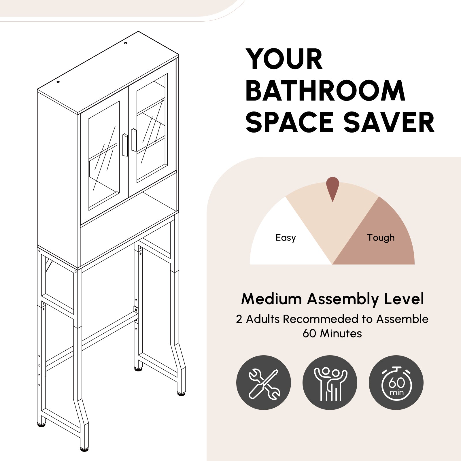 Black Stokado Over-the-Toilet Cabinet with Easy Assembly, Tools Included, Space-Saving Commode Organizer