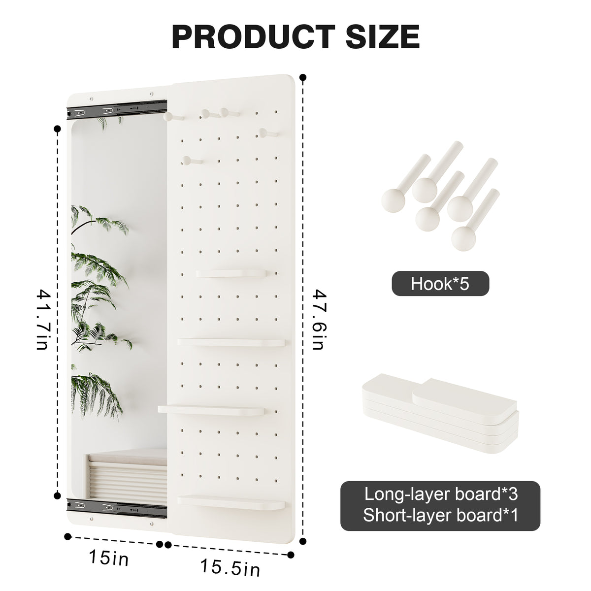 White Wall-Mounted Full-Length Mirror, 47.6 x 15.7 Inch Sliding Space-Saving Mirror with Multi-Functional Panel for Bedroom, Living Room & Entryway