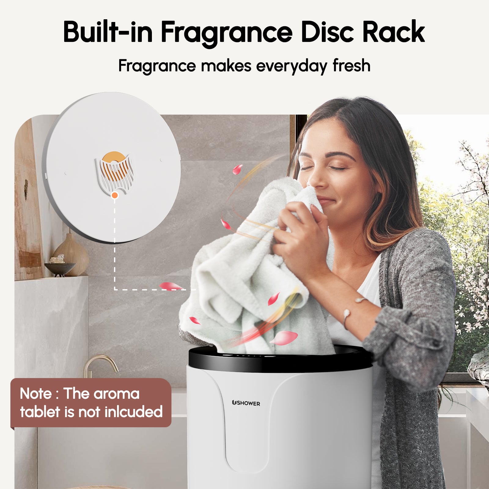 Towel warmer with built in fragrance discs to place aroma tablets for fresh scented towels