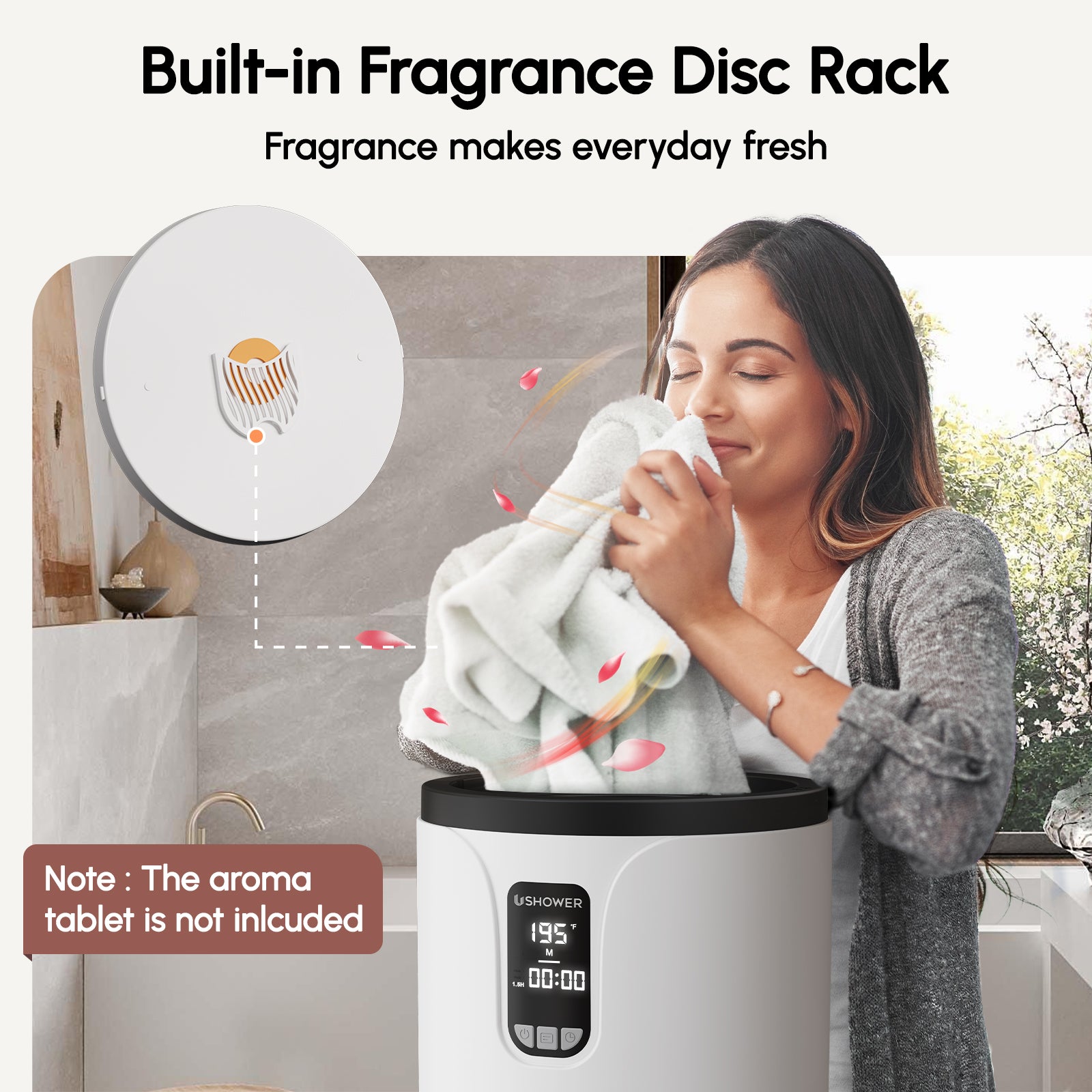 Towel warmer bucket with built in fragrance discs to place aroma tablets for fresh scented towels