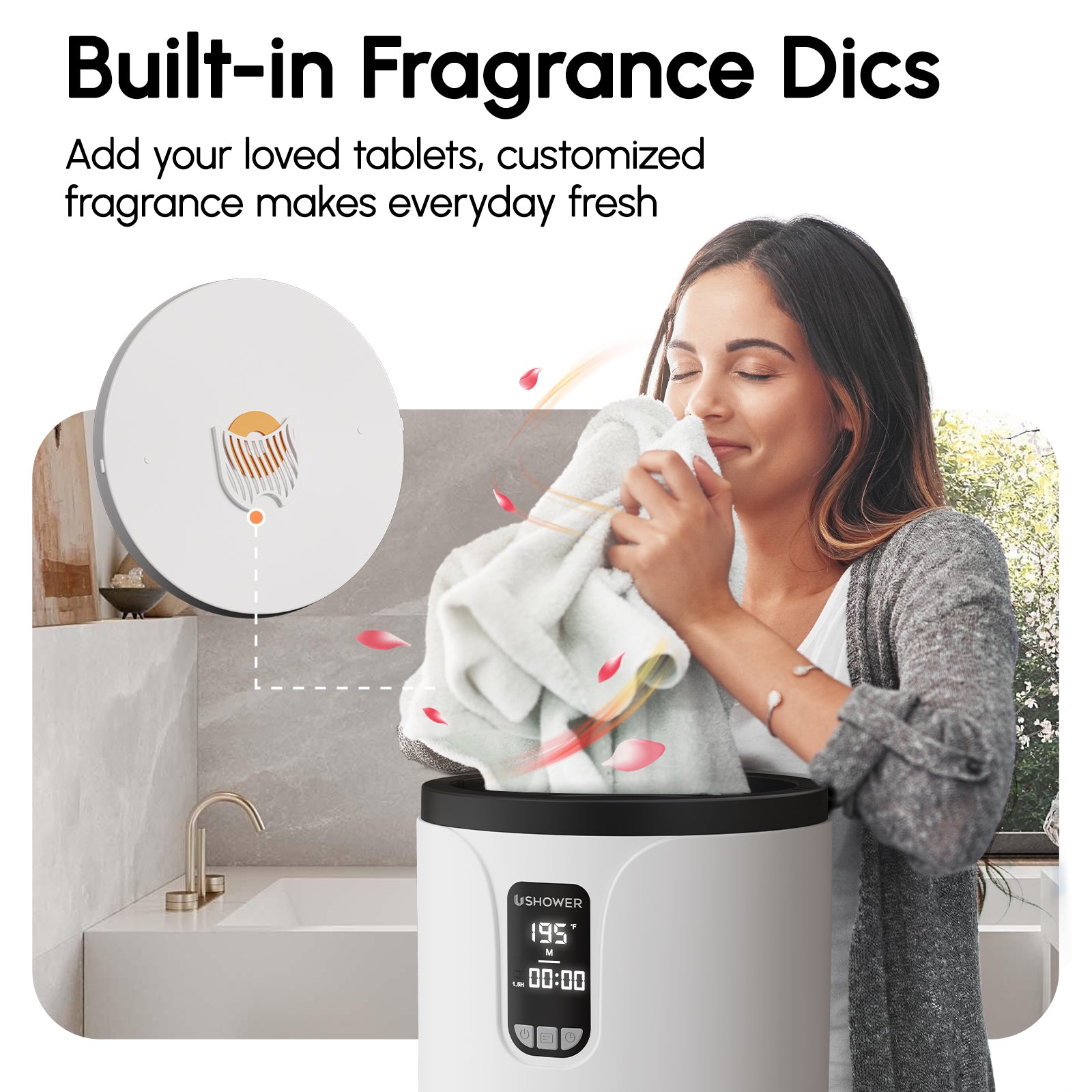 Towel warmer with built in fragrance discs to place aroma tablets for fresh scented towels