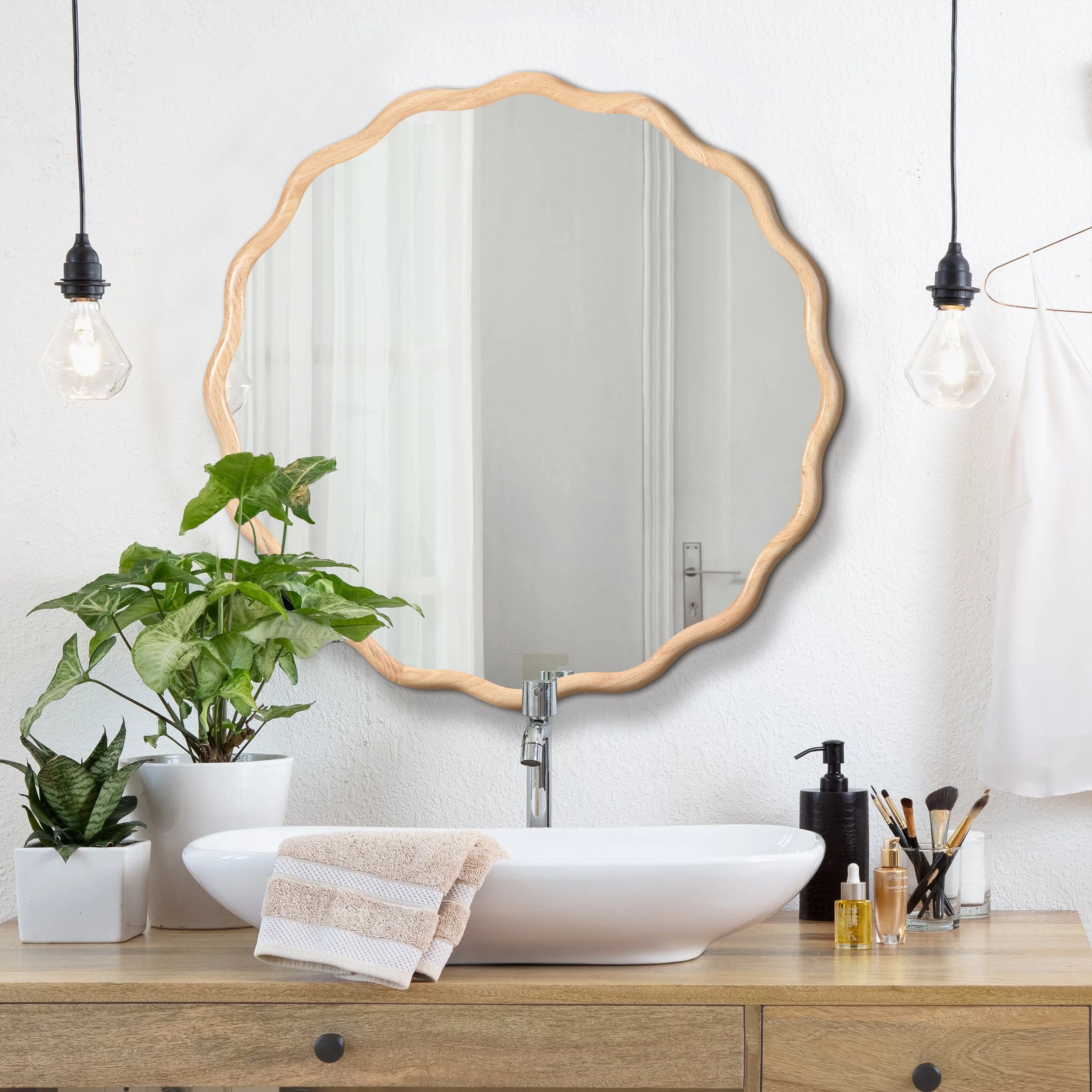 Wavy Round Natural Wood Beige Wall Mirror, Solid Wood, 31.1'' Diameter