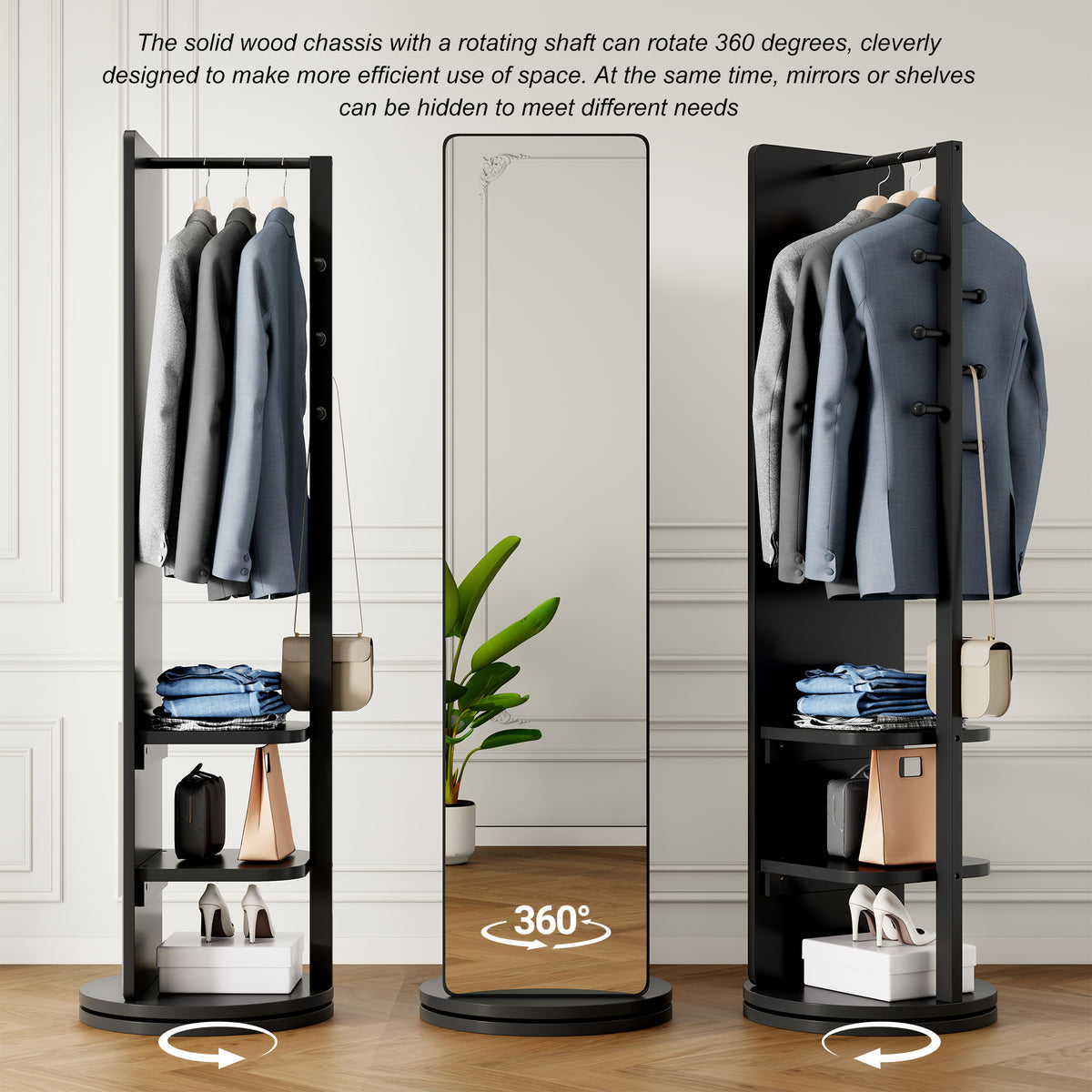 Black 360° Rotating Full-Length Mirror, 69" x 20" Solid Wood Floor Mirror with Hooks and Storage Rack for Bedroom, Living Room & Entryway