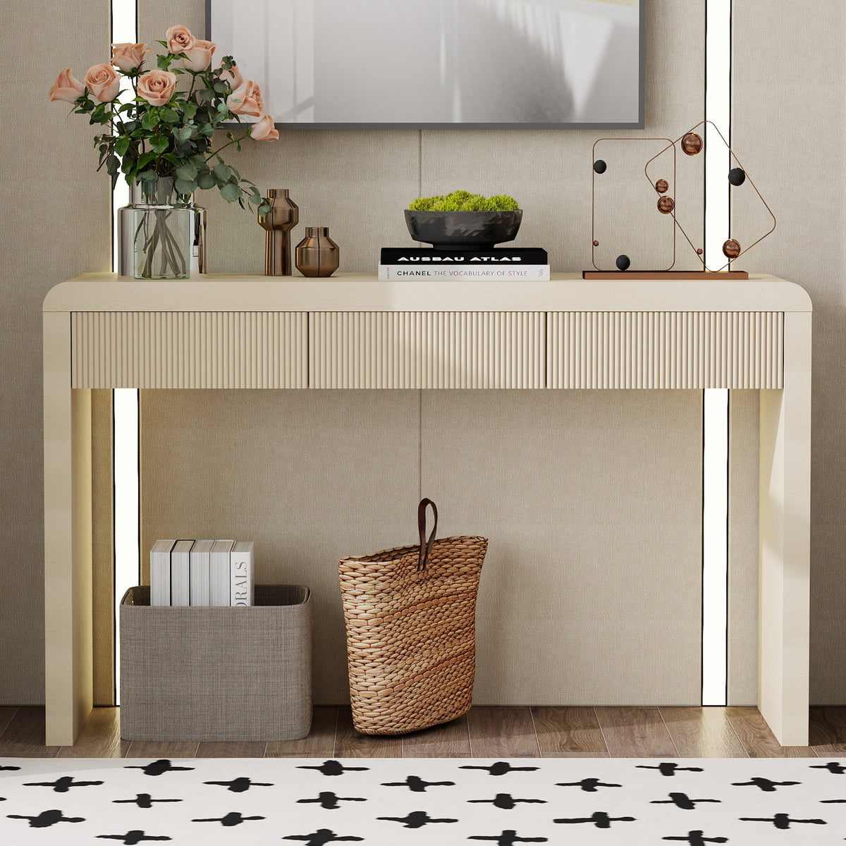 TREXM Rustic Fluted Console Table with 3 Drawers, Solid Wood Veneer Entryway Sofa Table with Natural Wood Grain, Apricot