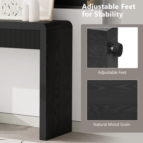 TREXM Rustic Fluted Console Table with 3 Drawers, Solid Wood Veneer Entryway Sofa Table with Natural Wood Grain, Black