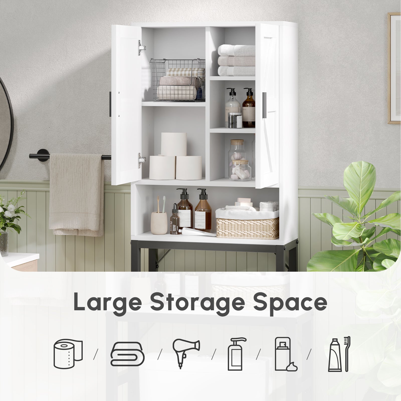 USHOWER Stokado Series – Over-the-Toilet Storage Cabinet with Wood Doors,White