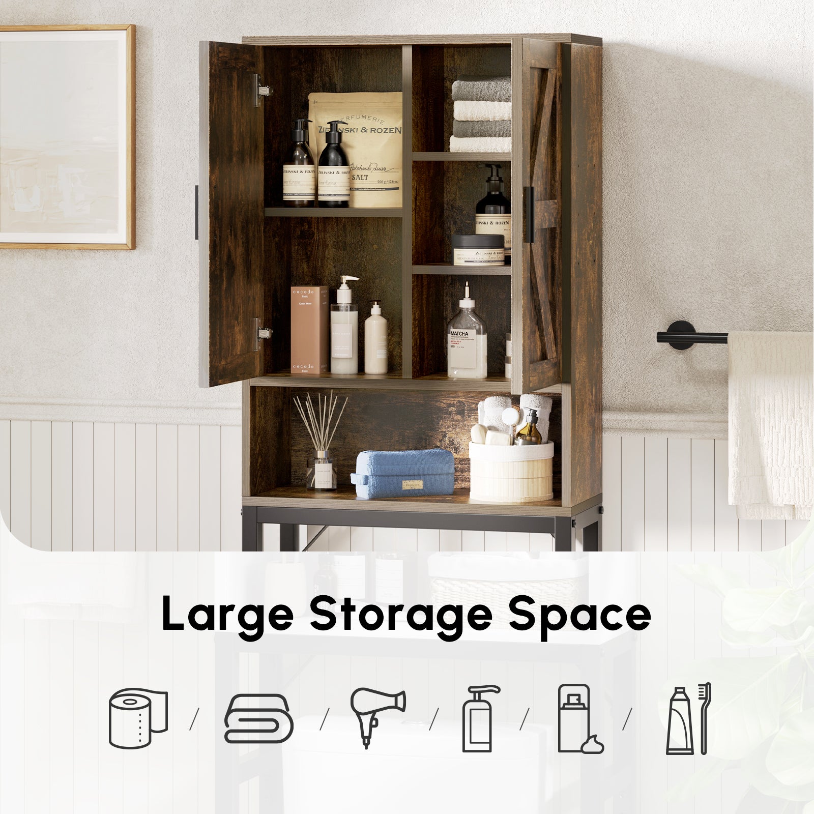 USHOWER Stokado Series – Over-the-Toilet Storage Cabinet with Wood Doors, Rustic Brown
