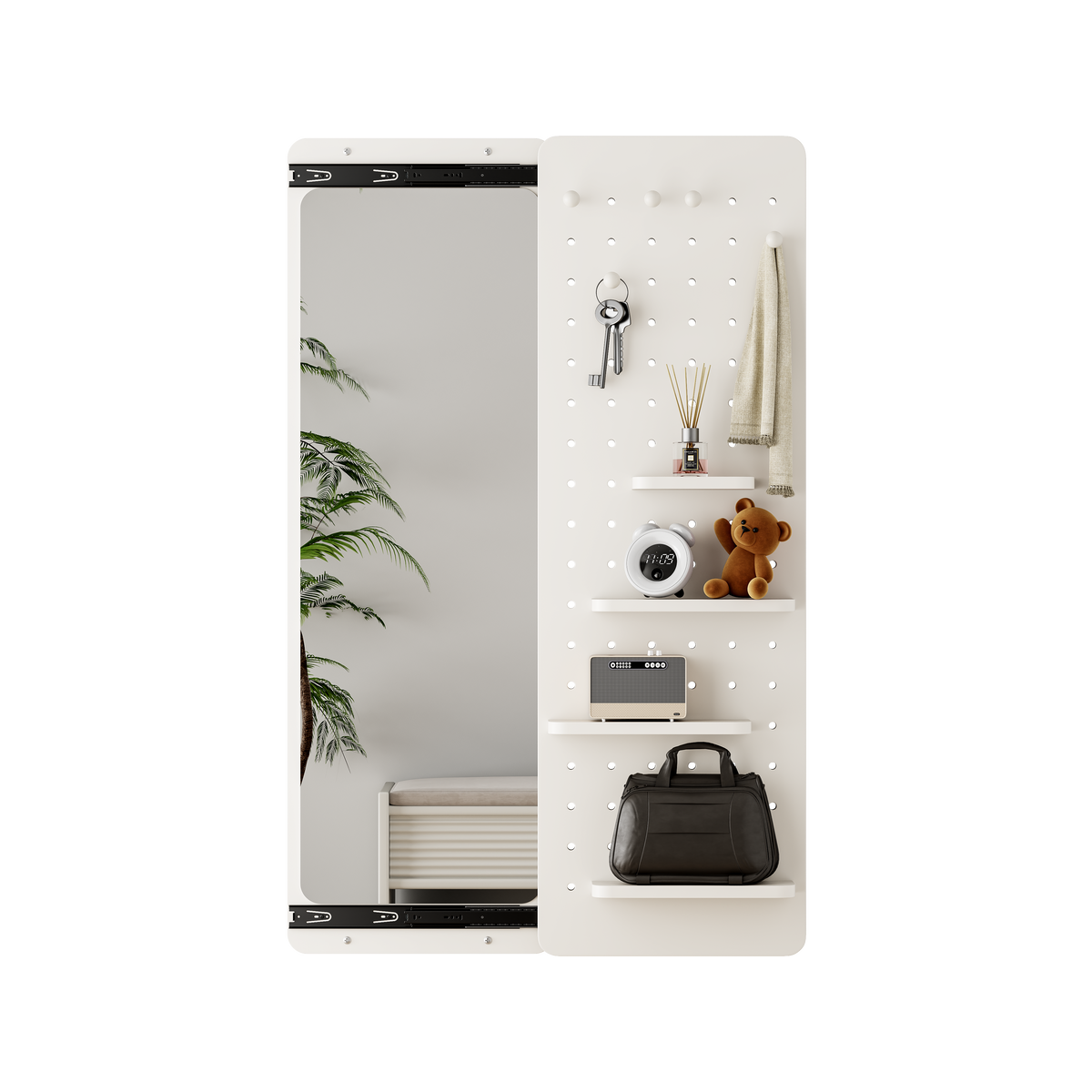 White Wall-Mounted Full-Length Mirror, 47.6 x 15.7 Inch Sliding Space-Saving Mirror with Multi-Functional Panel for Bedroom, Living Room & Entryway