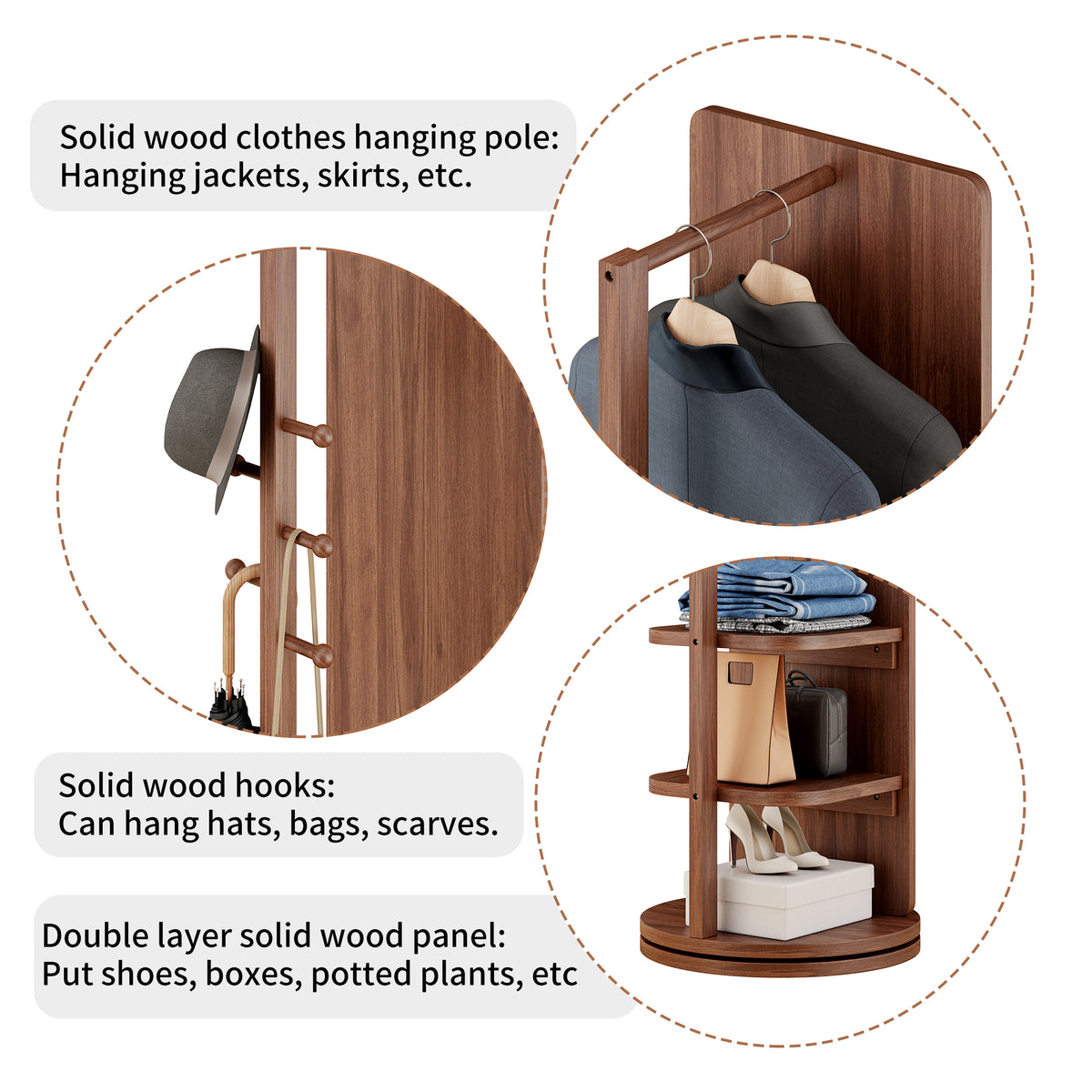 Walnut 360° Rotating Full-Length Mirror, 69" x 20" Solid Wood Floor Mirror with Hooks and Storage Rack for Bedroom, Living Room & Entryway