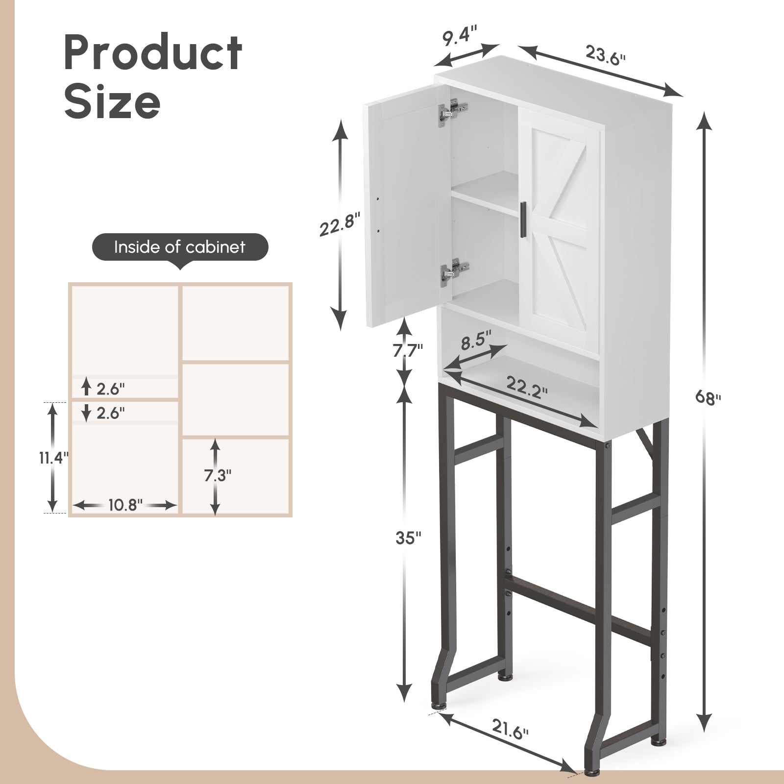USHOWER Stokado Series – Over-the-Toilet Storage Cabinet with Wood Doors,White