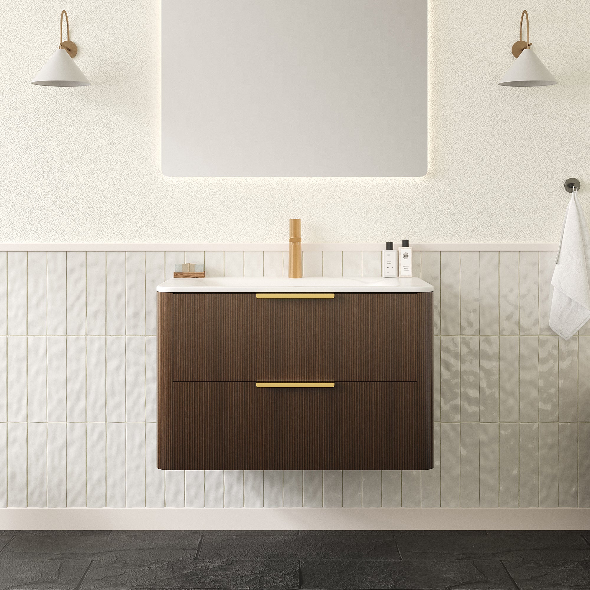 ZANE 30'' Bathroom Vanity with Sink, Floating Ultra-Pinstriped Plywood Storage Cabinet with Drawers, Carrara White Sintered Stone Hot-bent Integrated Basin, Pre-assembled, Italy Walnut Woodgrain Color