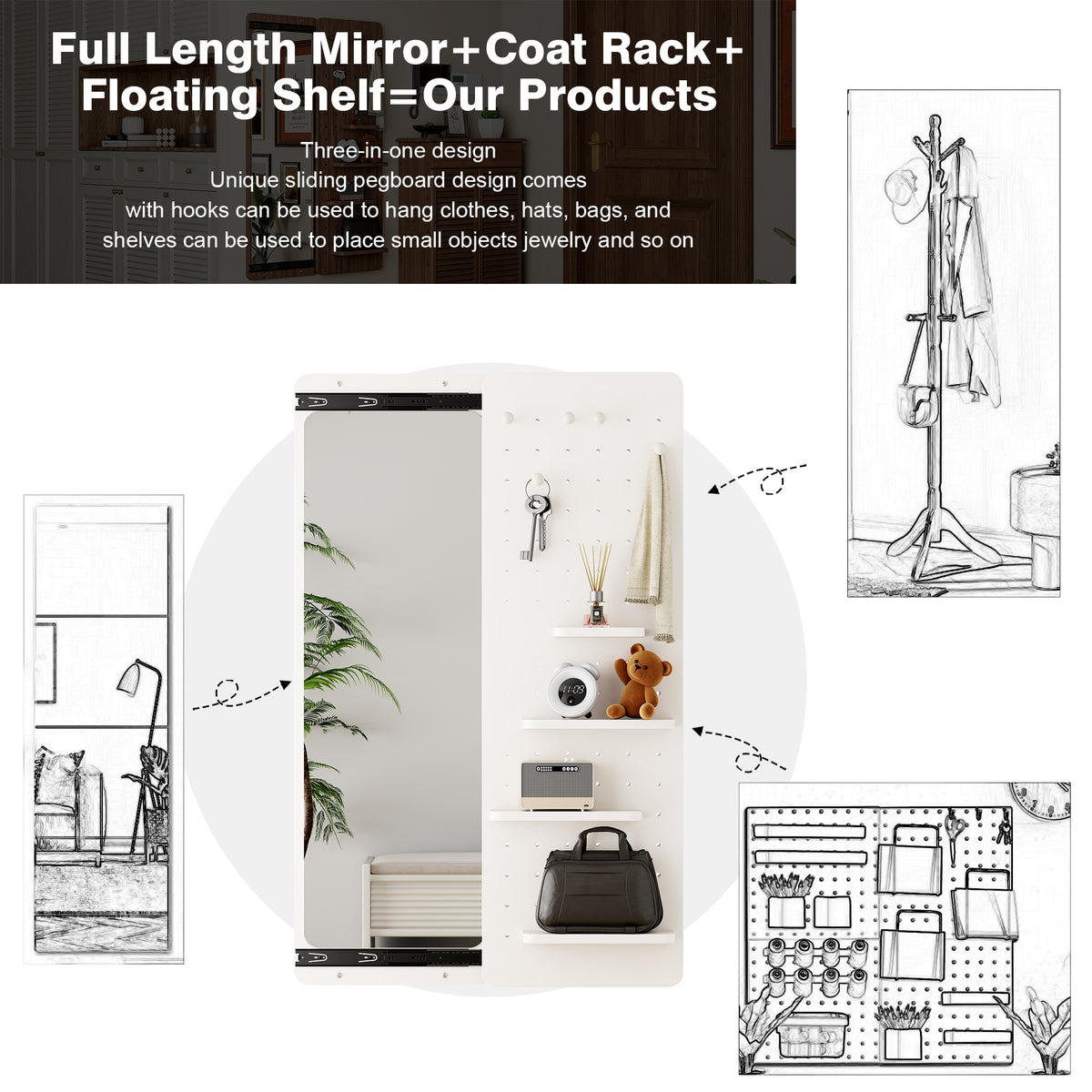 White Wall-Mounted Full-Length Mirror, 47.6 x 15.7 Inch Sliding Space-Saving Mirror with Multi-Functional Panel for Bedroom, Living Room & Entryway