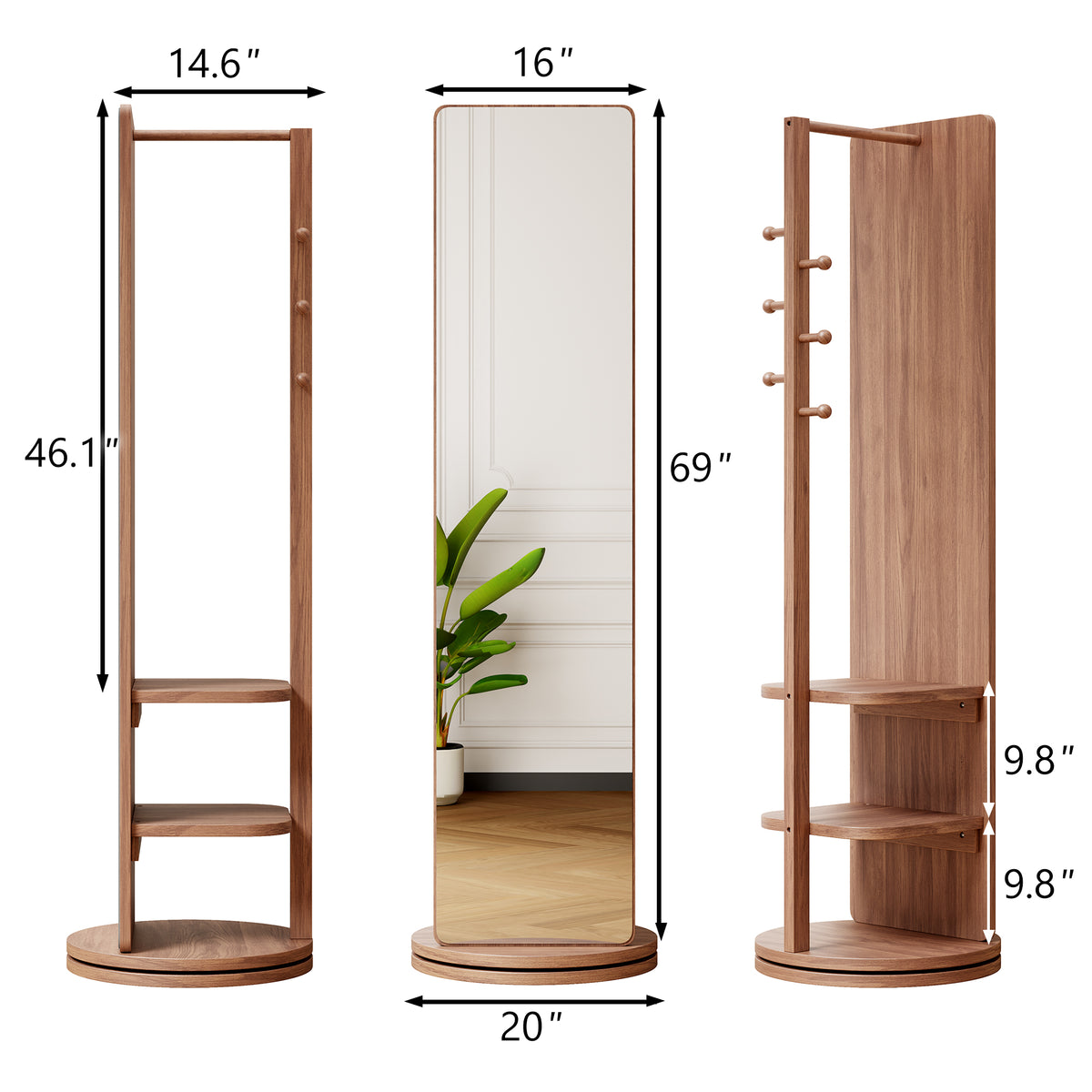 Walnut 360° Rotating Full-Length Mirror, 69" x 20" Solid Wood Floor Mirror with Hooks and Storage Rack for Bedroom, Living Room & Entryway