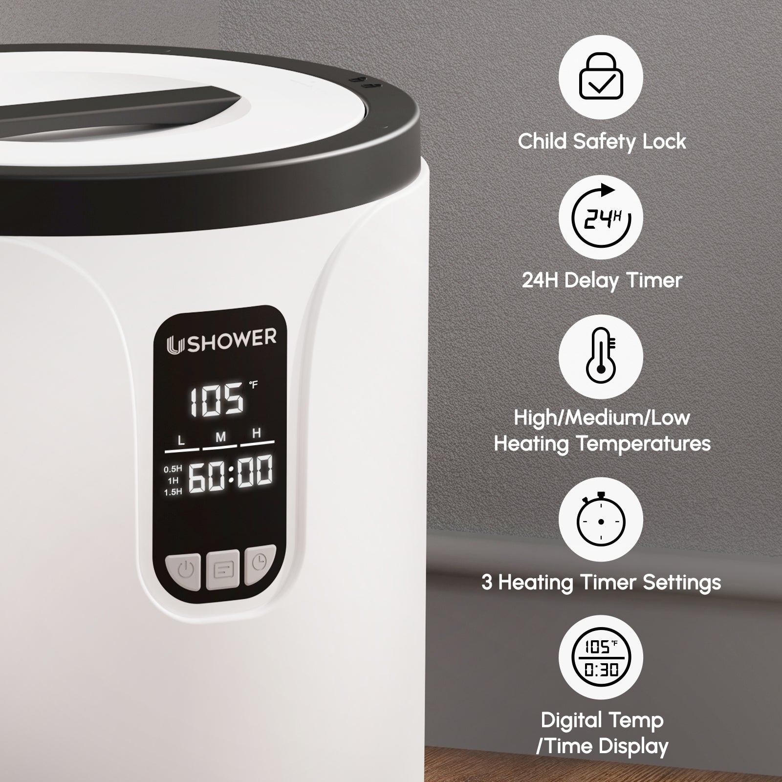 Digital towel warmer with adjustable timer child safety lock temperature settings and 24 hour delay timer in LCD display