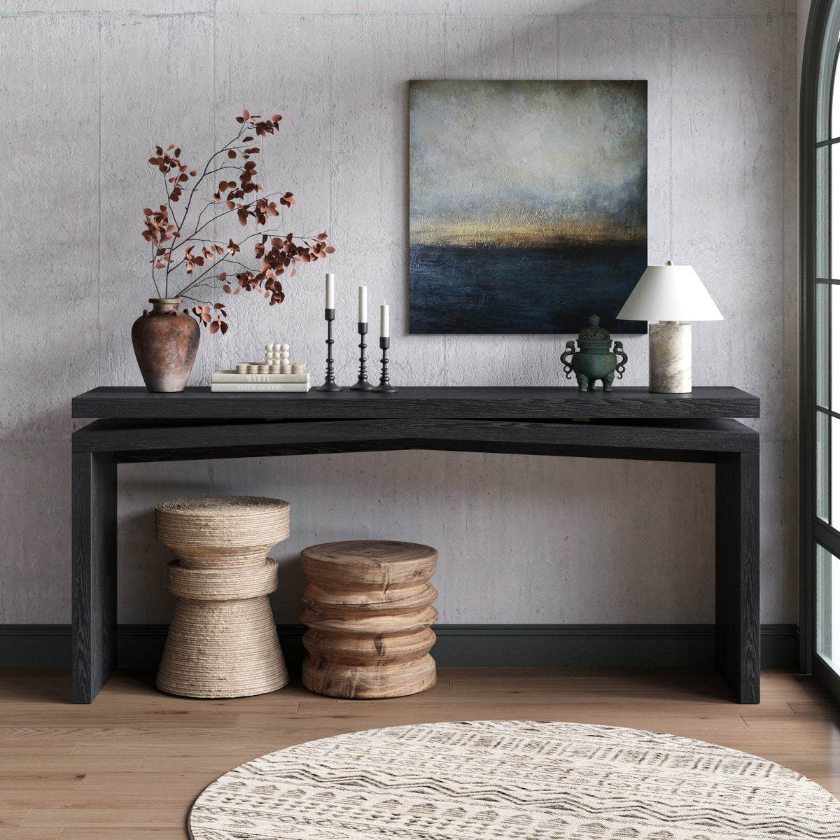 65-Inch Rustic Solid Wood Veneer Console Table, Farmhouse Sofa Table for Entryway, Living Room, Hallway & Behind Couch, Black
