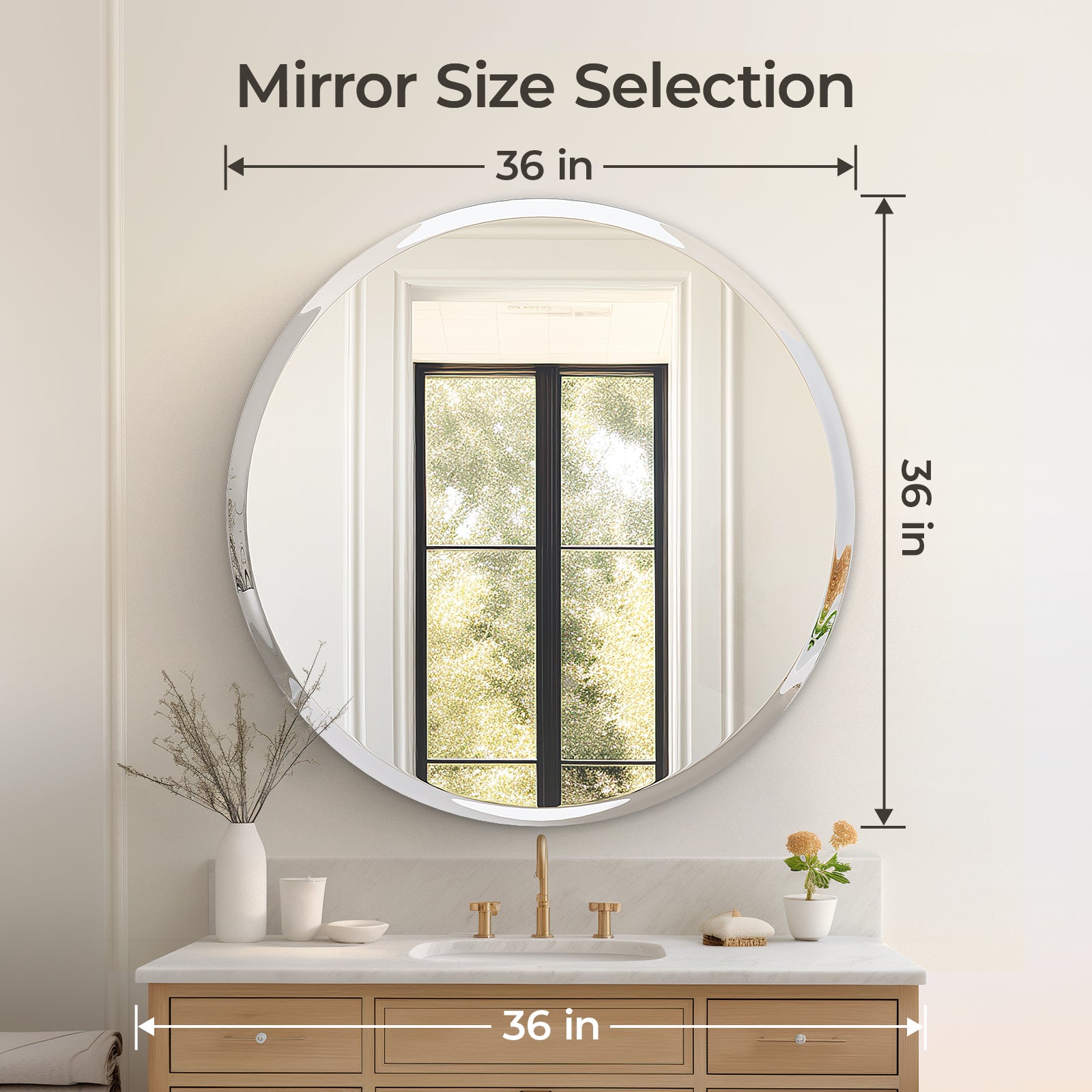 USHOWER Kadra Series – 36'' Frameless Round Bathroom Mirror
