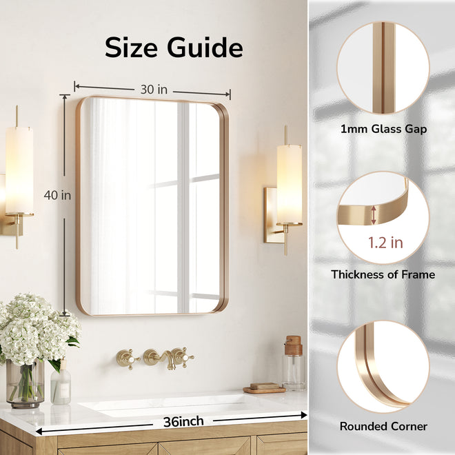 USHOWER 30 x 40 inch brushed gold bathroom mirror dimensions with 1.2 inch frame and rounded corners