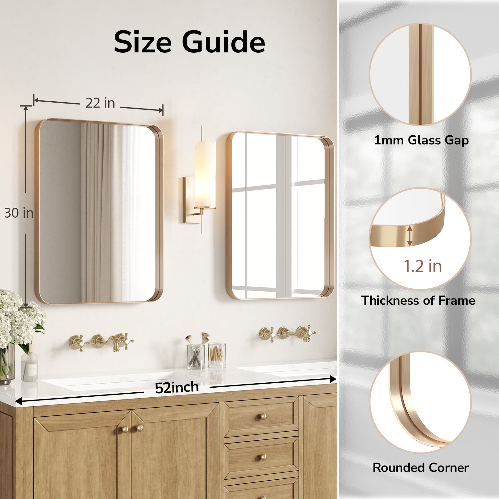 USHOWER 22 x 30 inch brushed gold bathroom mirror dimensions with 1.2 inch frame and rounded corners