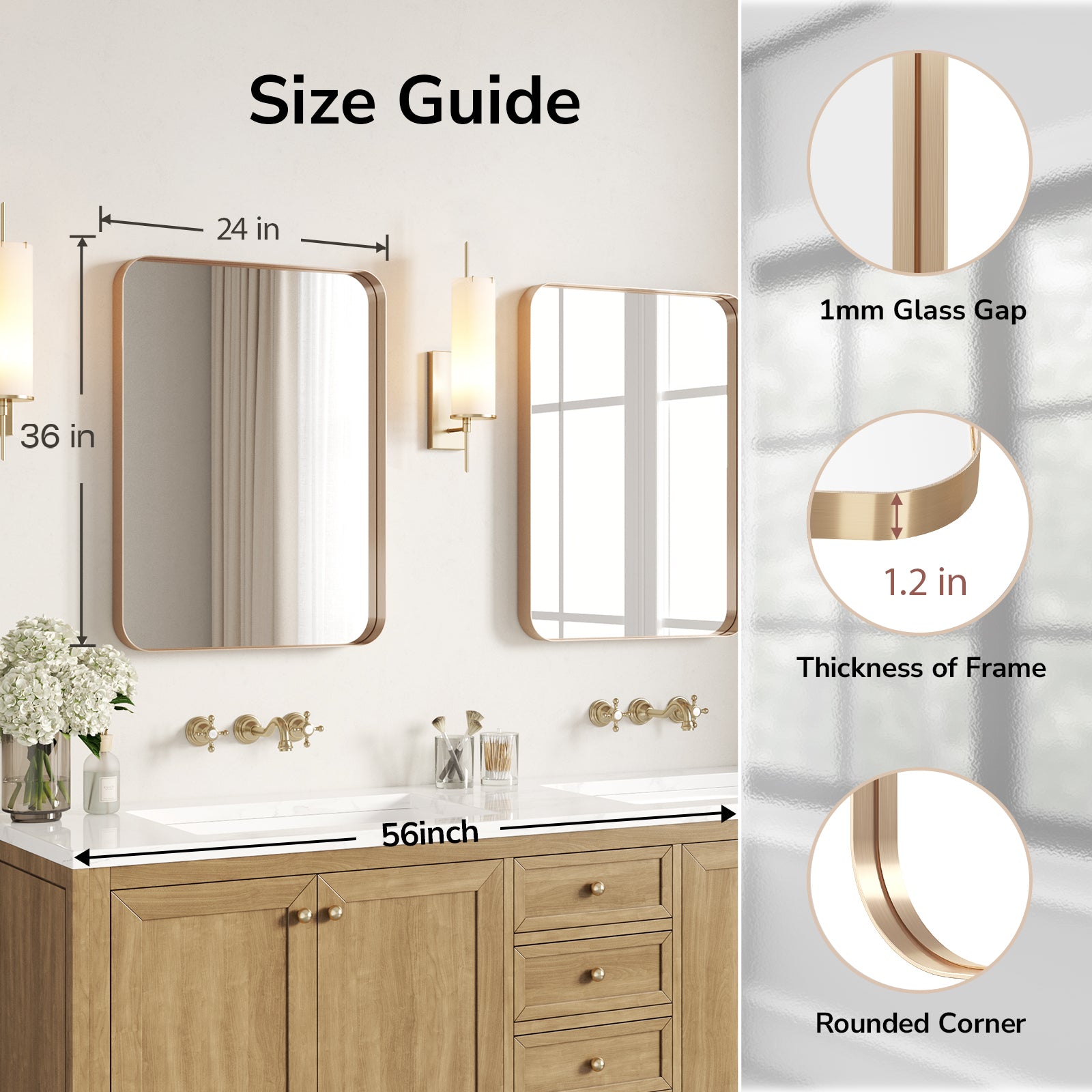 USHOWER 24 x 36 inch brushed gold bathroom mirror dimensions with 1.2 inch frame and rounded corners