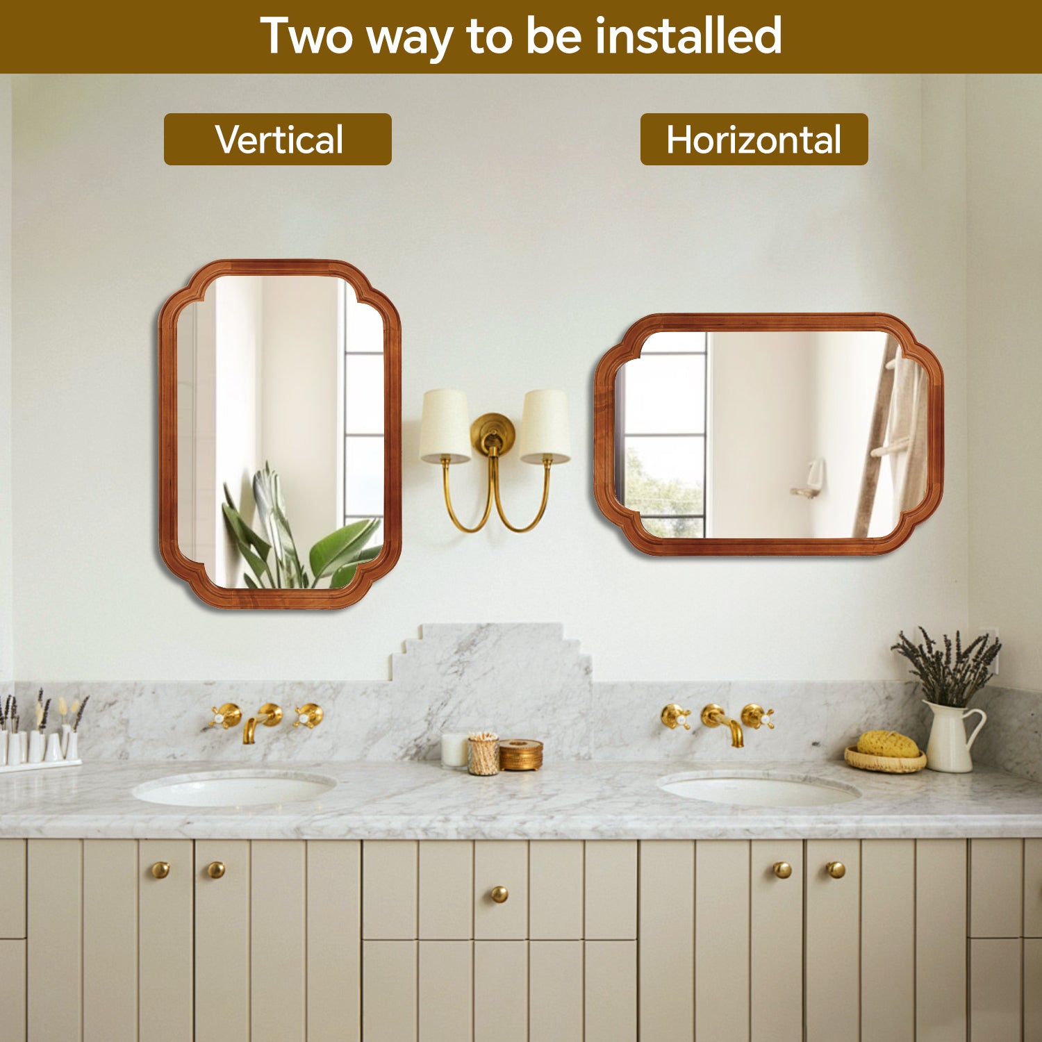 Yellowish Brown 20" x 30" Solid Wood Frame Rounded Corner Wall Mirror, Decorative Wall Mirror for Bedroom