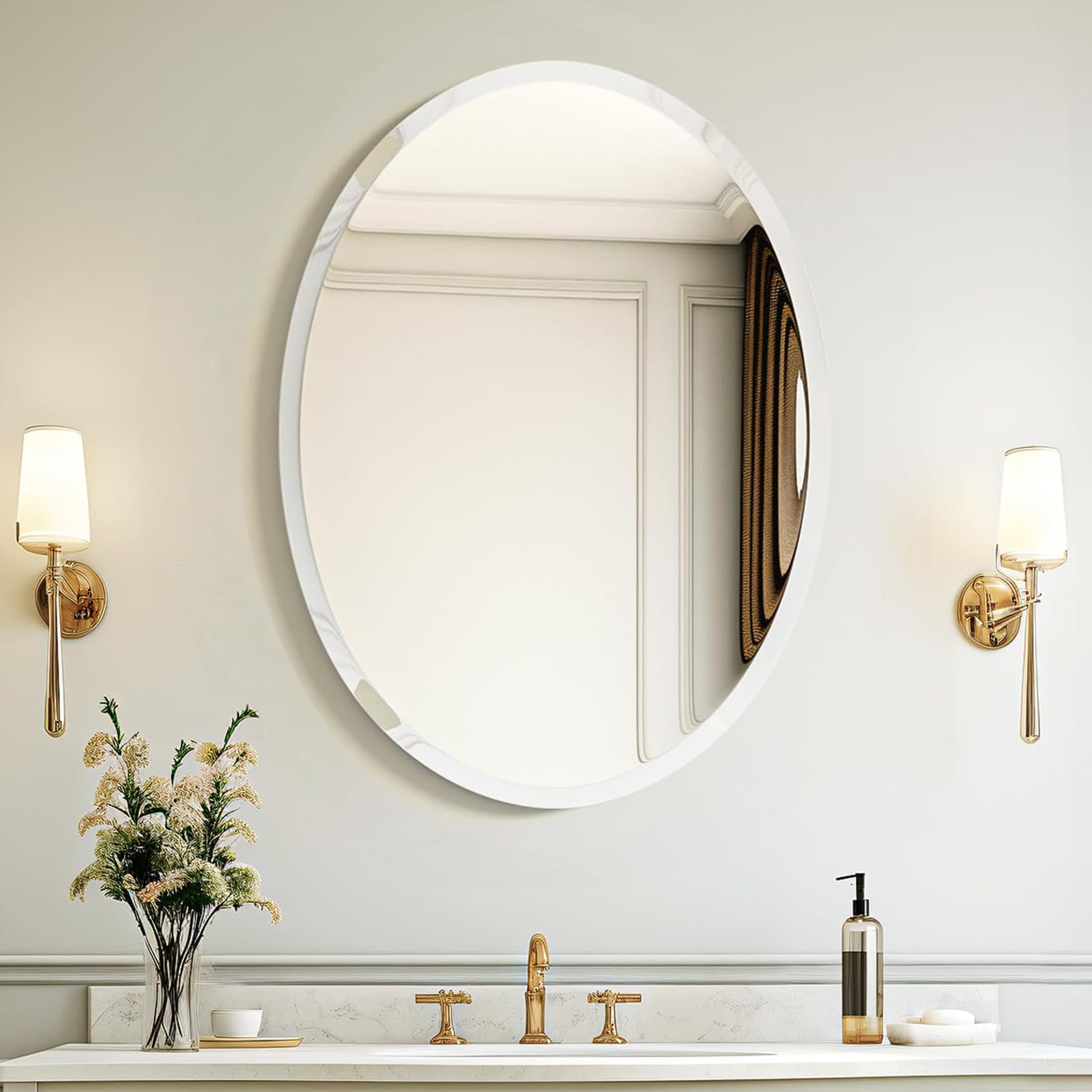 USHOWER Kadra 20x28 Frameless Oval Bathroom Mirror Over White Vanity with Gold Faucet and Modern Sconce