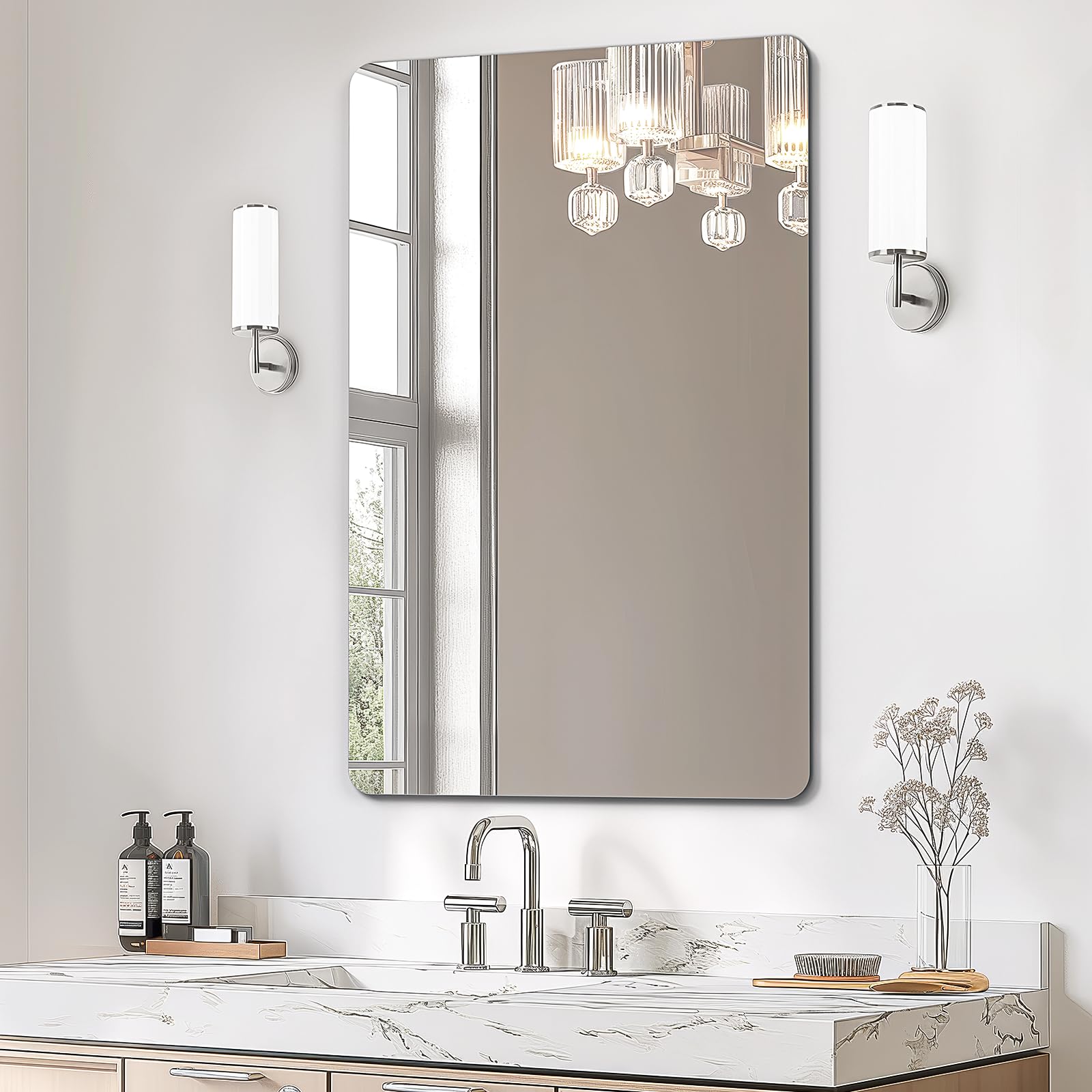 USHOWER Kadra Series 24x36 Frameless Rectangular Bathroom Mirror Above White Marble Vanity with Chrome Faucet and Sconces