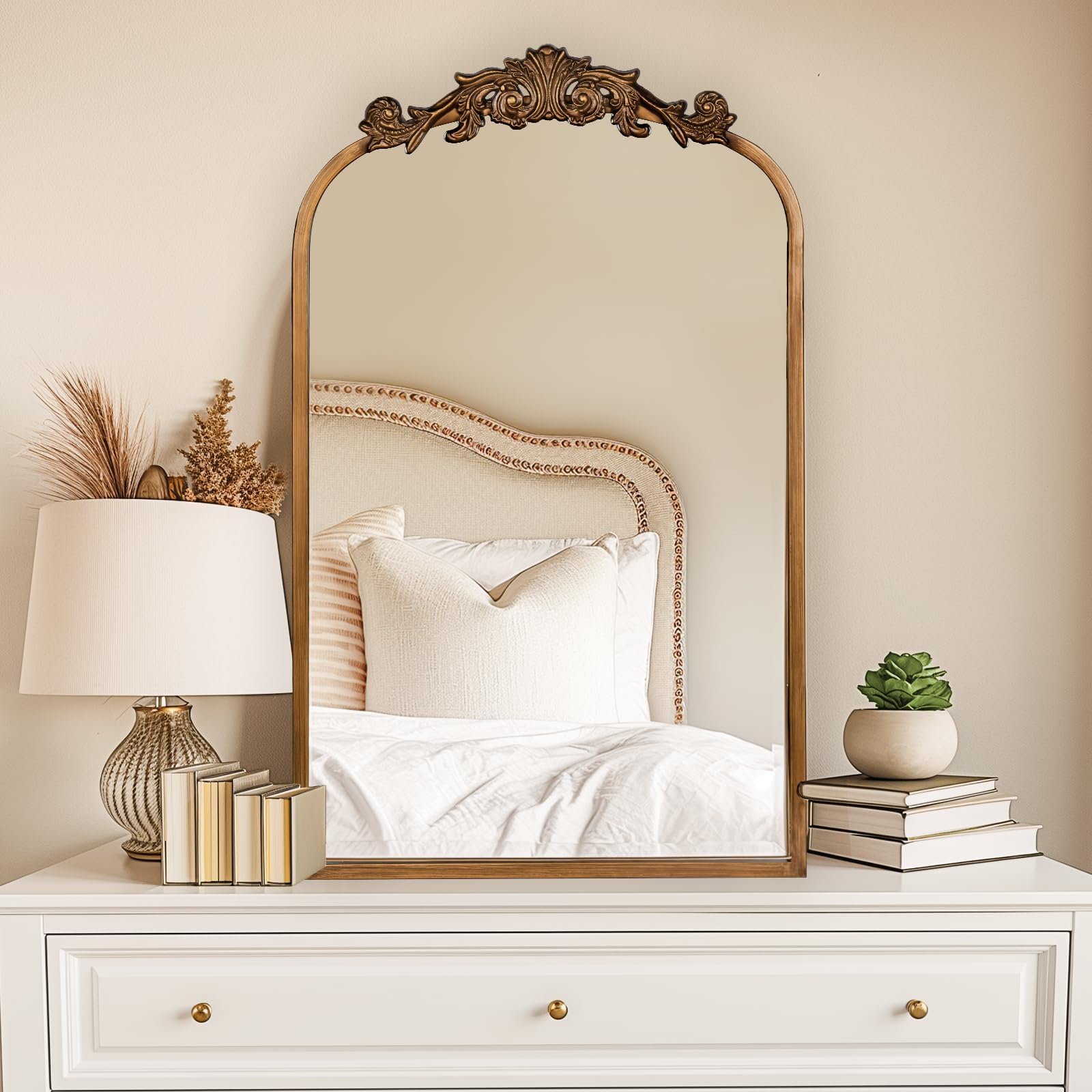 USHOWER Retra Series 19x31 Gold Vintage Mirror for Bedroom, Mounted Above White Dresser on White Wall