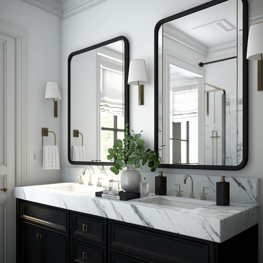 USHOWER Nwar Series – 24x36 Inch Rectangular Black Frame Mirrors Mounted Above Marble Vanity with Gold Accents, Set of 2