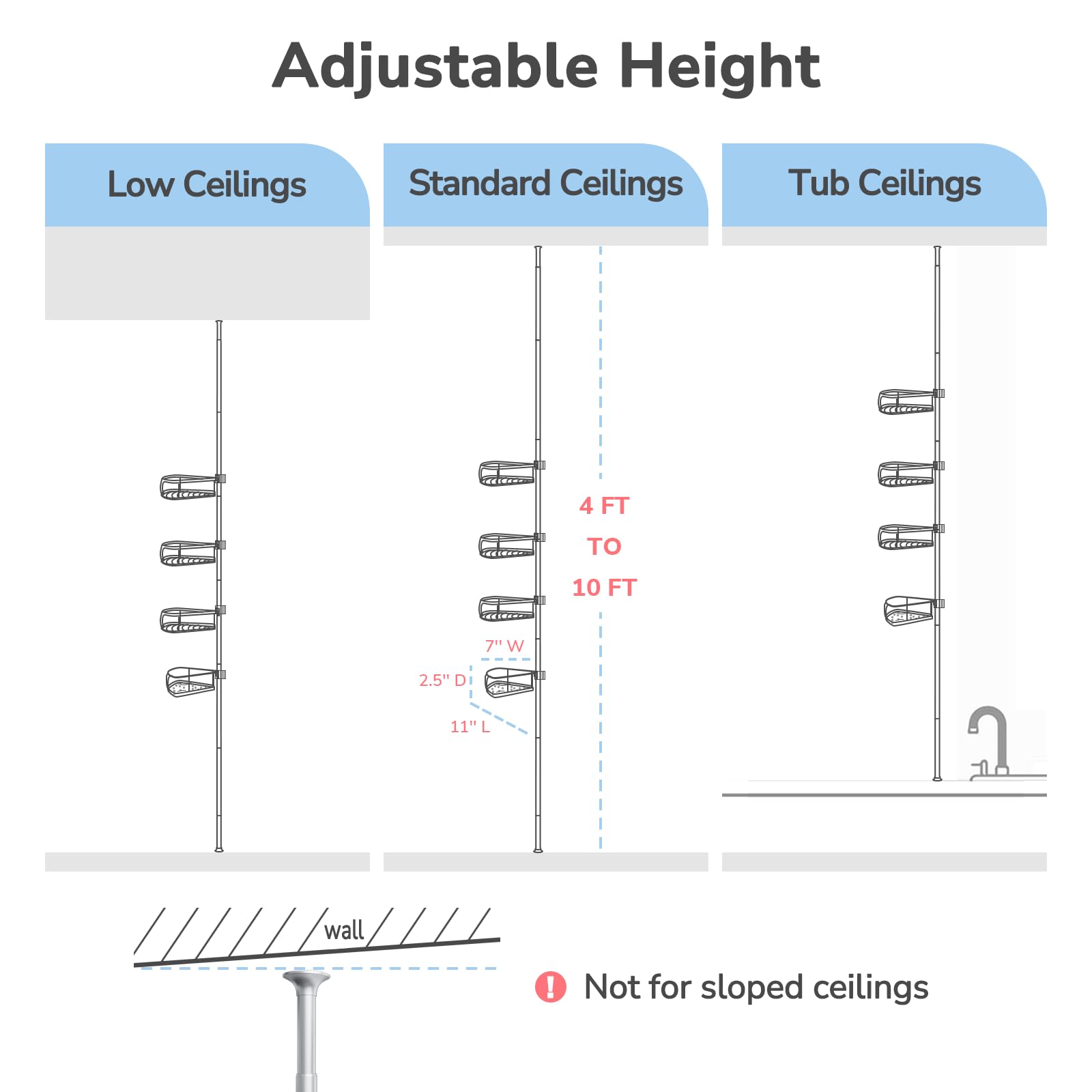 USHOWER Stokado Corner Tension Pole Shower Caddy Adjusts from 4ft to 10ft to Fit Low, Standard, and Over-Tub Ceilings