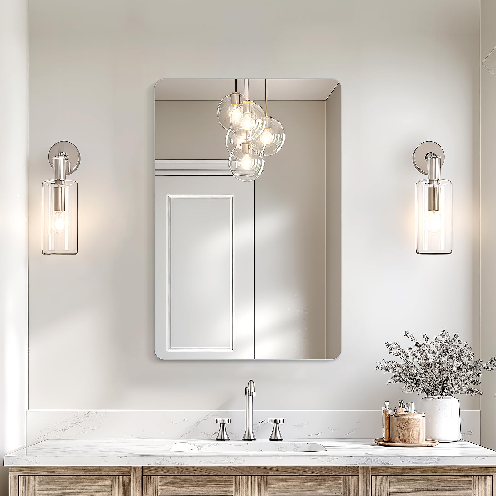 USHOWER Kadra Series 24x36 Frameless Rectangular Bathroom Mirror Above Vanity with Wood Cabinet, Chrome Faucet, and Sconces