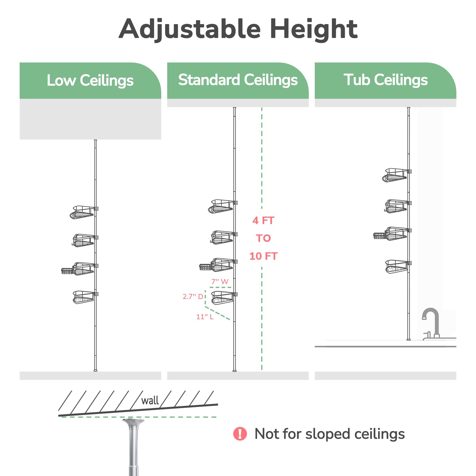 USHOWER Stokado Corner Tension Pole Shower Caddy Adjusts from 4ft to 10ft to Fit Low, Standard, and Over-Tub Ceilings