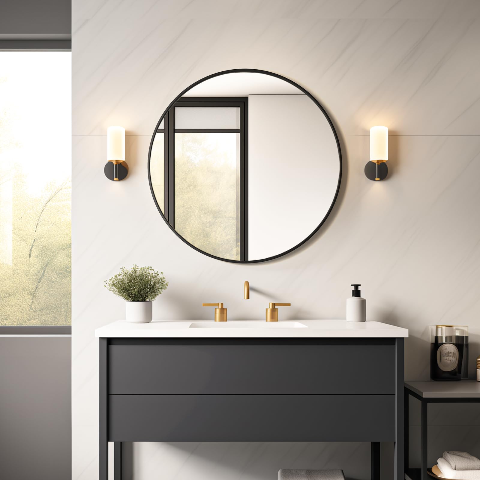 USHOWER Nwar Series 30 Black Frame Round Bathroom Mirror on White Wall Above Vanity with Black Base and Gold Faucet