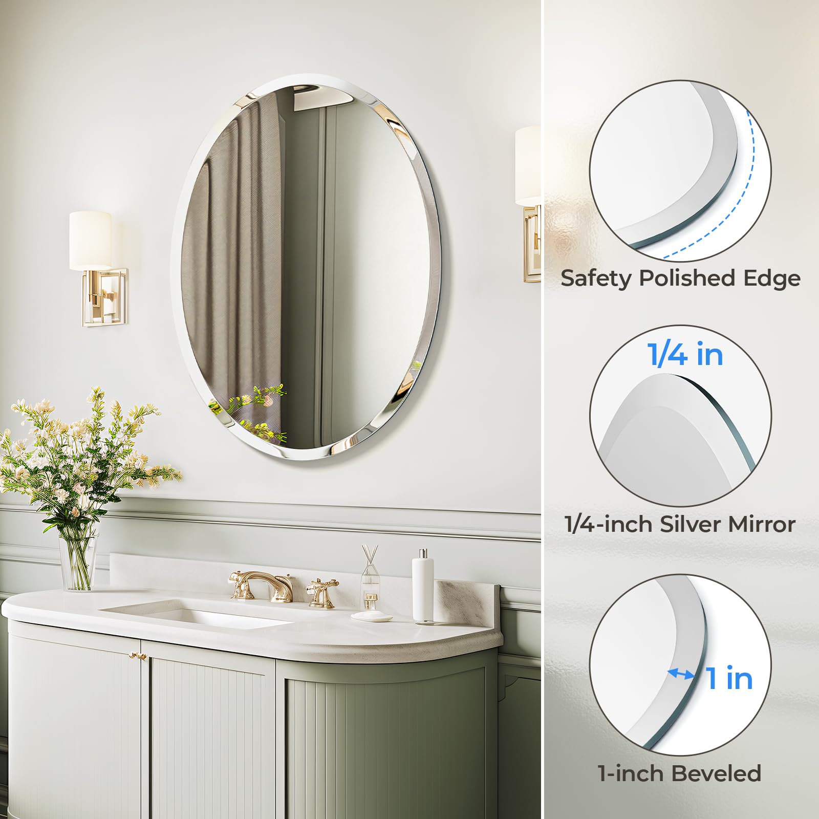 USHOWER Kadra 20x28 Frameless Oval Bathroom Mirror with Beveled Edge and Polished Silver Surface for Bathroom Decor