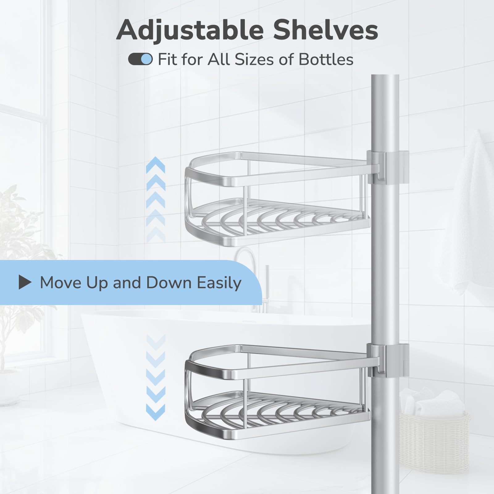 Adjustable Shelf Heights on USHOWER Stokado Corner Shower Caddy Tension Pole Fit Bottles of All Sizes