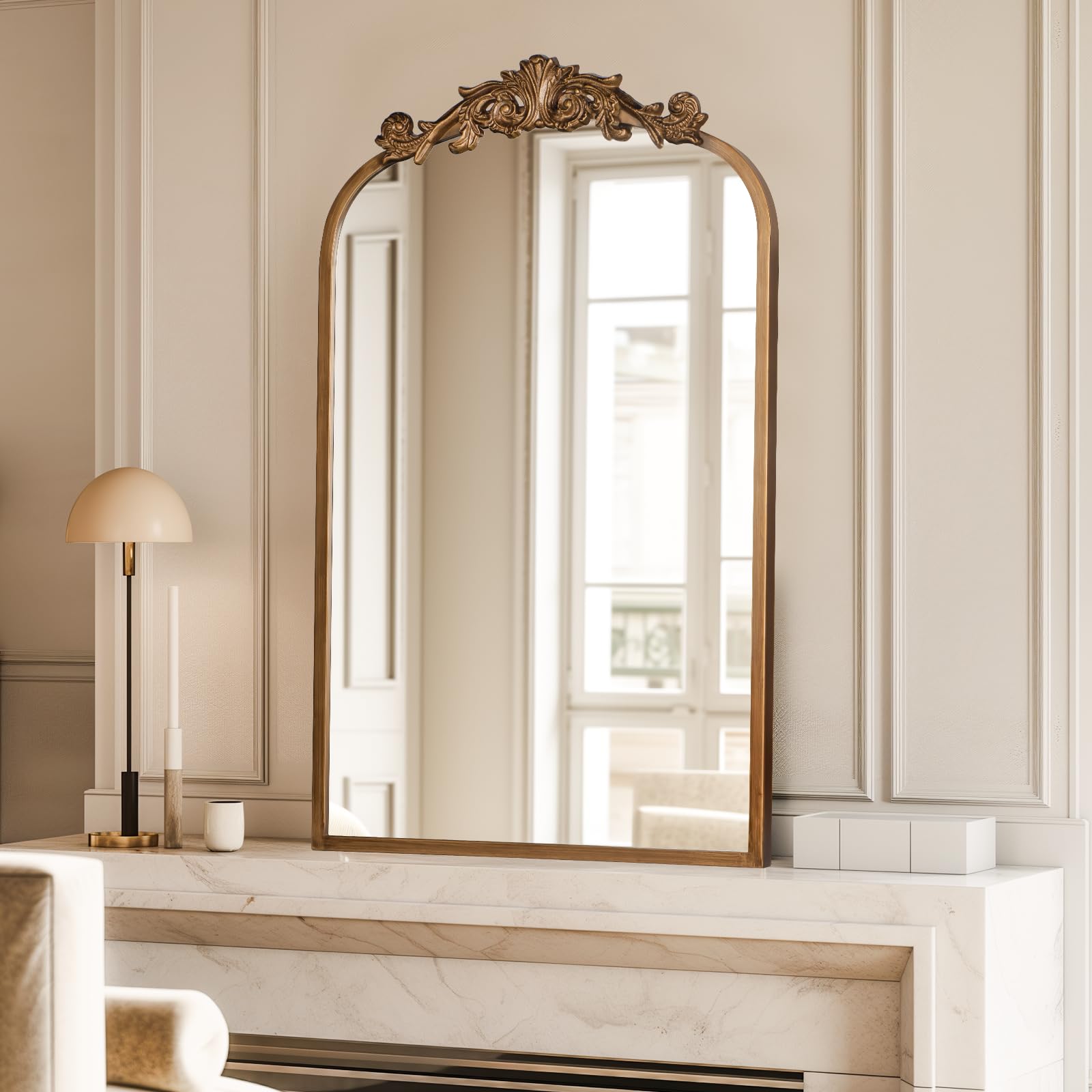 USHOWER Retra Series 19x31 Gold Vintage Mirror Leaned on Fireplace Mantel, Traditional Living Room Wall Decor