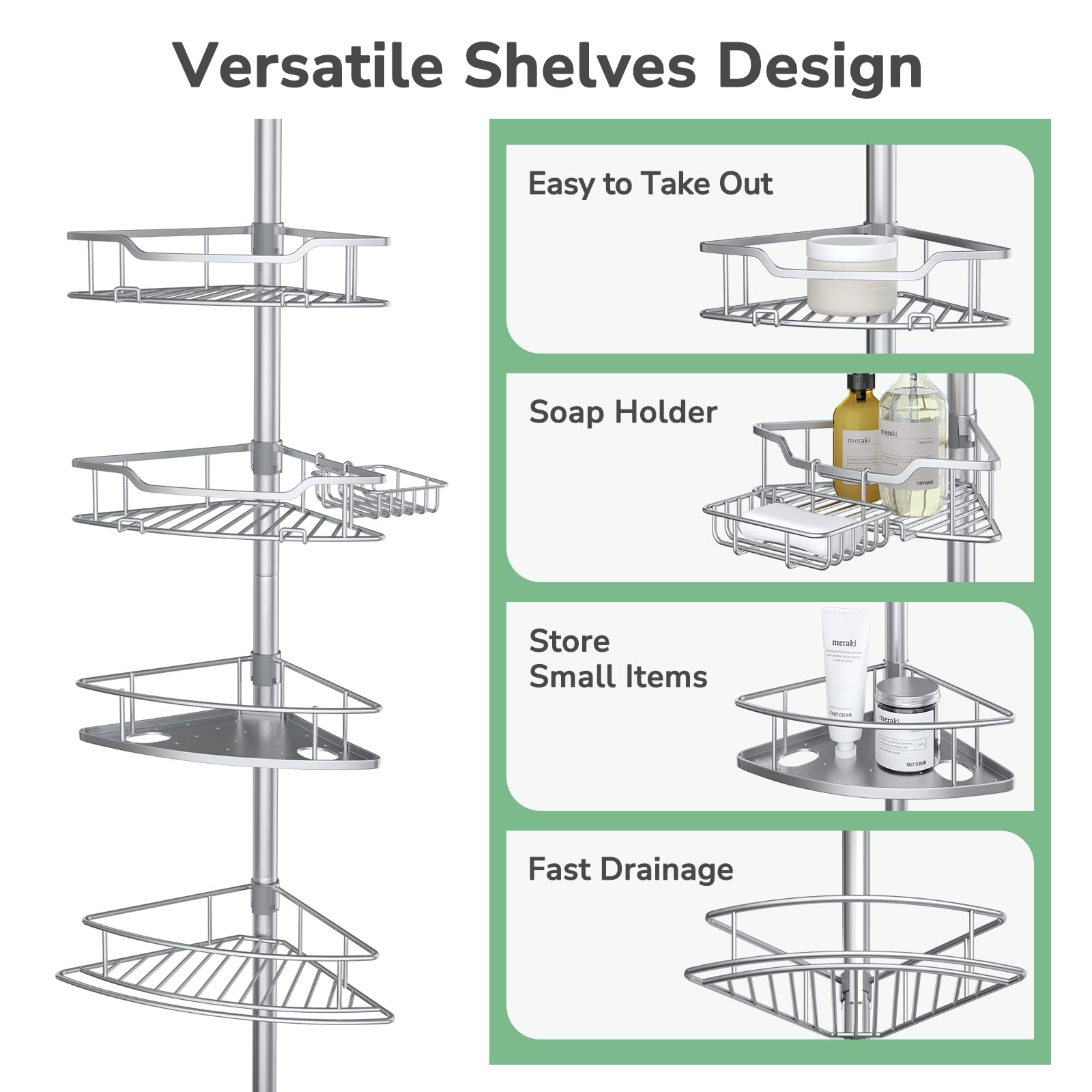 USHOWER Stokado Silver Tension Pole Caddy Shelves Include Soap Dish, Solid Base Shelf, and Drainage-Friendly Grates