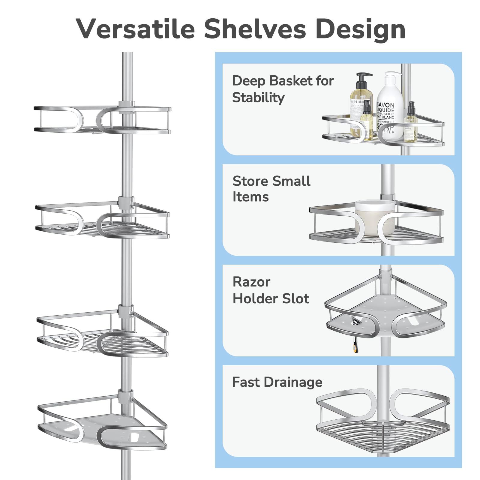 USHOWER Stokado Series – Corner Shower Caddy Shelves with Deep Basket, Razor Slot, Small Item Storage, and Drainage Grids
