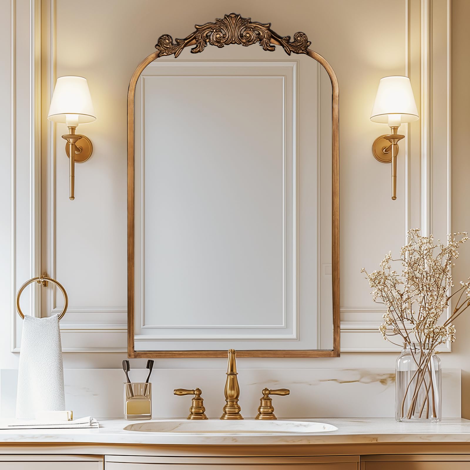 USHOWER Retra Series 19x31 Gold Vintage Bathroom Mirror Above Vanity with Gold Faucet, Towel Ring, and Wall Sconce