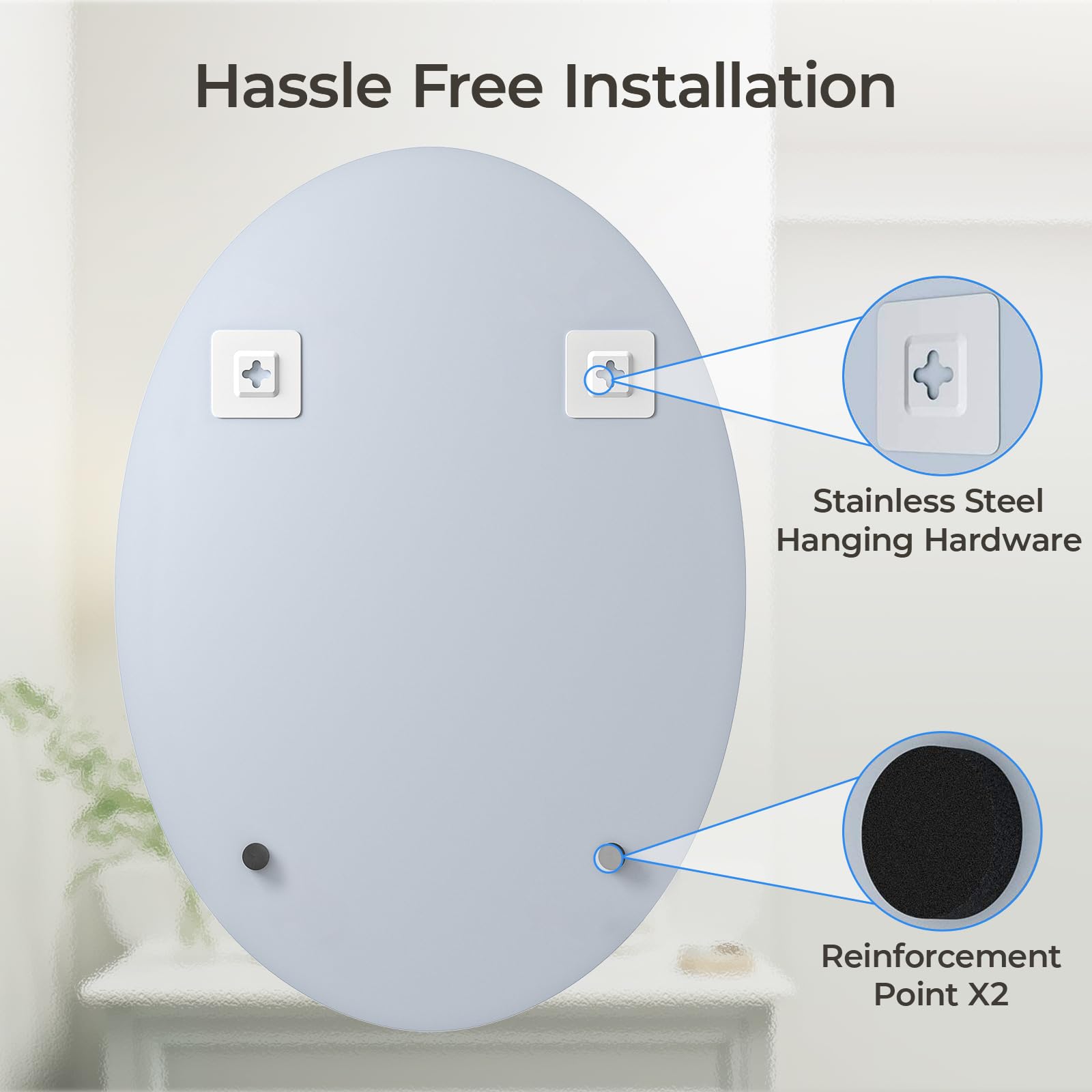 USHOWER Kadra Series 20x28 Frameless Oval Bathroom Mirror with Cross-Slot Hardware and Reinforced Back for Easy Installation