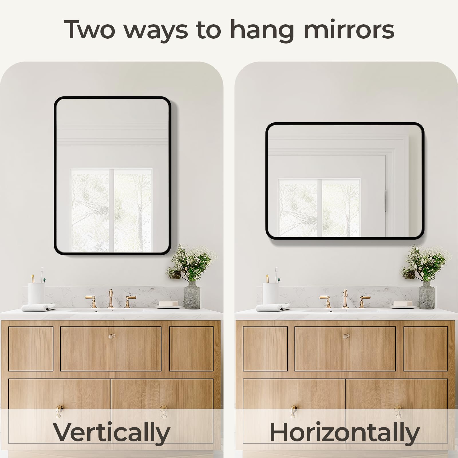 USHOWER Nwar Series 22x30 Black Frame Rectangular Bathroom Mirror with Vertical and Horizontal Hanging Options