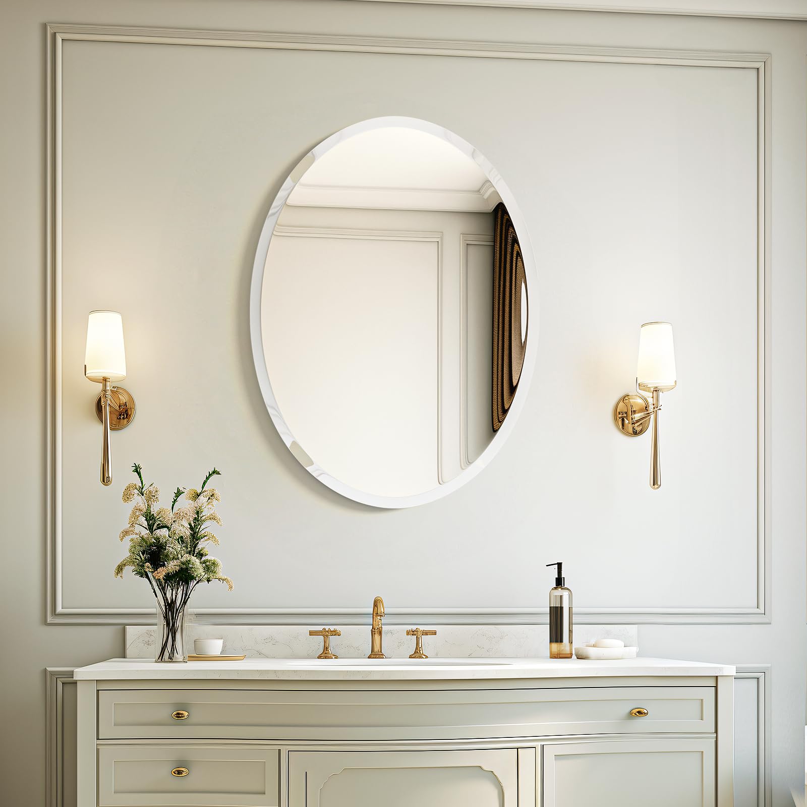 USHOWER Kadra 20x28 Frameless Oval Bathroom Mirror Over White Vanity with Gold Faucet, Sconce Lighting, and Storage Cabinets