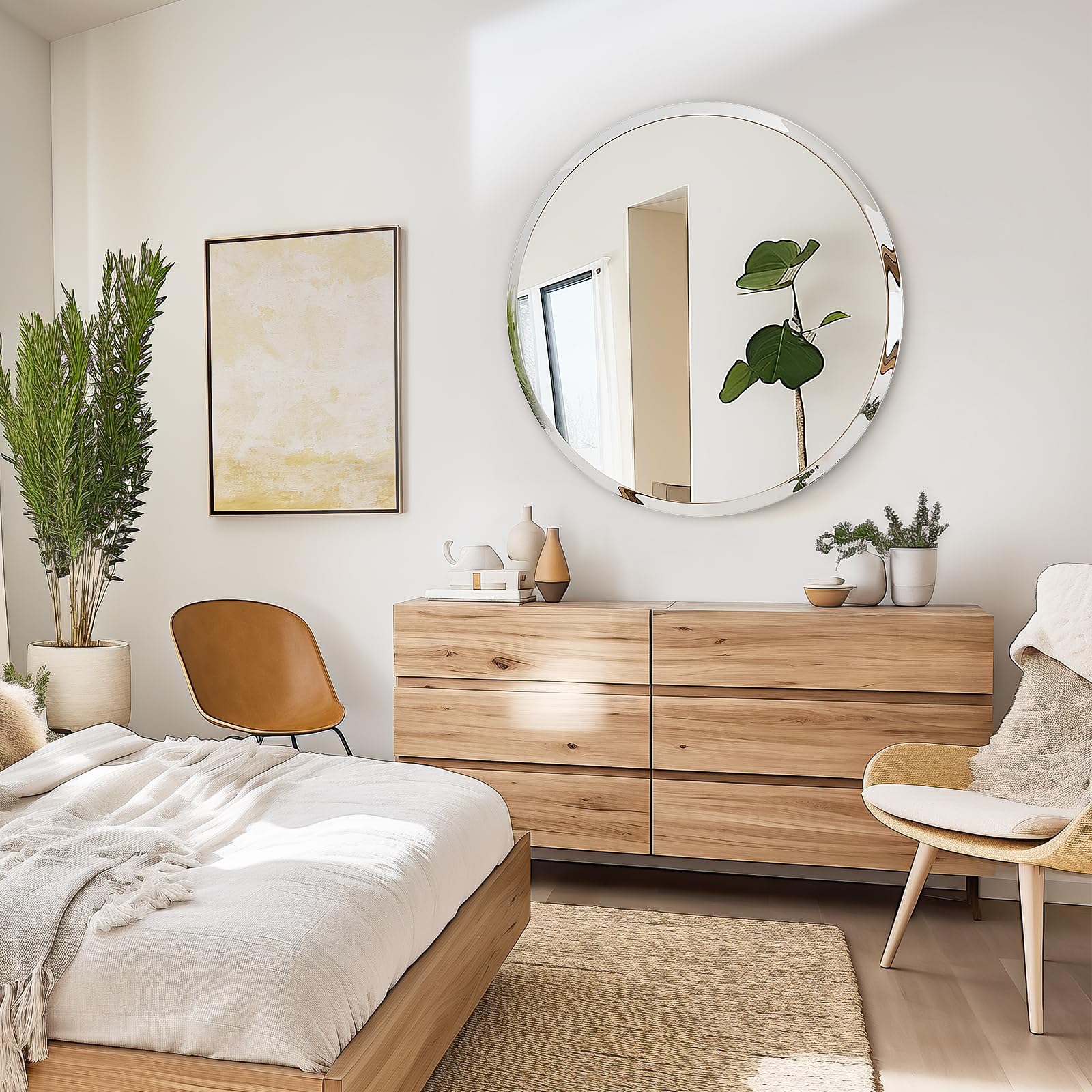 USHOWER Kadra Series 30 Frameless Round Mirror for Bedroom, Hung on Wall Above Wood Dresser