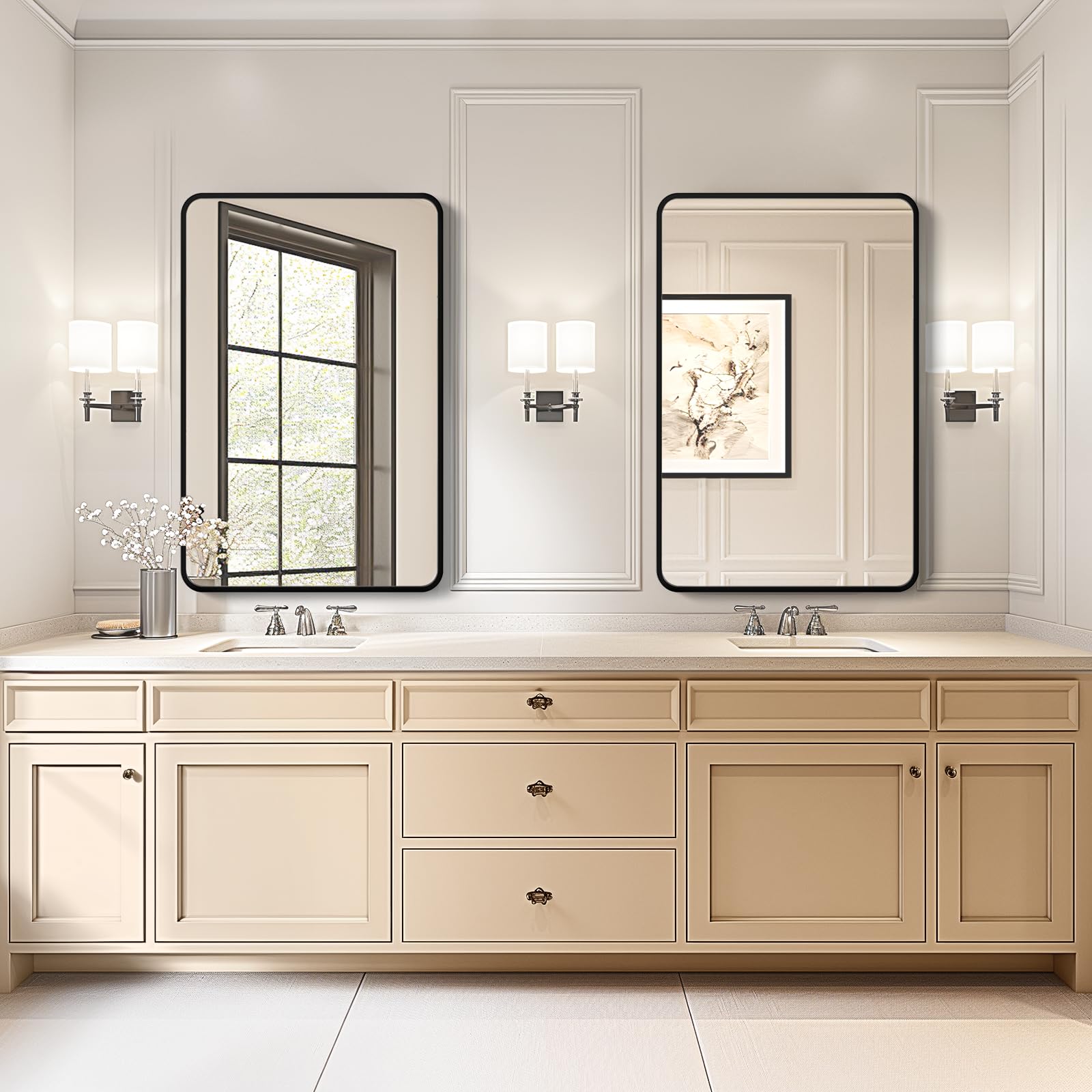 USHOWER Nwar Series – 24x36 Inch Rectangular Black Frame Mirrors Above White Vanity with Wood Cabinets in Modern Bathroom