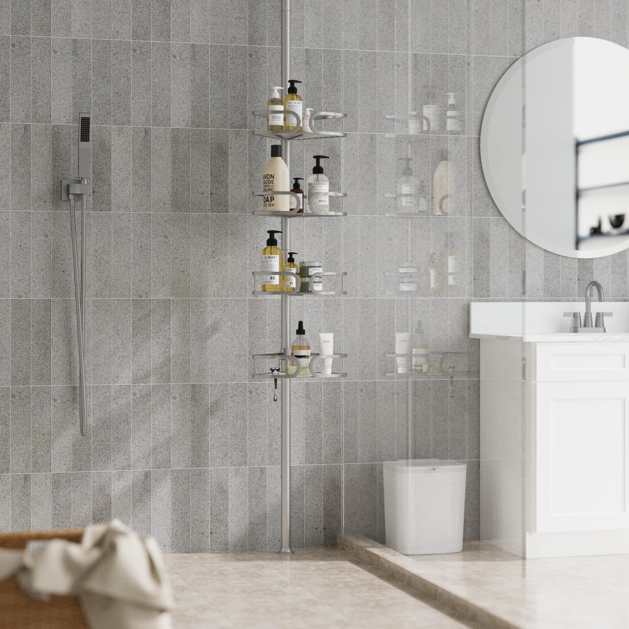 USHOWER Stokado Matte Silver Tension Pole Caddy Installed Floor-to-Ceiling Beside Shower for Convenient Vertical Storage