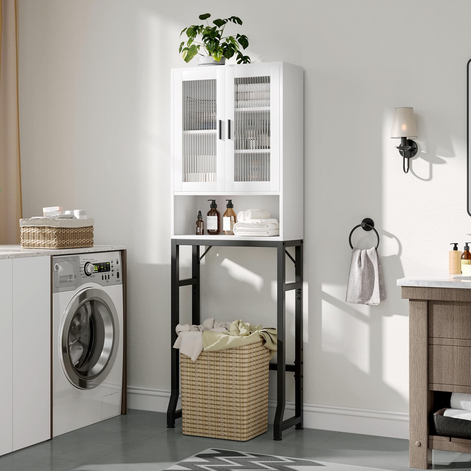USHOWER Stokado Series – Over-the-Toilet Cabinet with Glass Door Freestanding in Laundry, Shown Next to Washer and Vanity