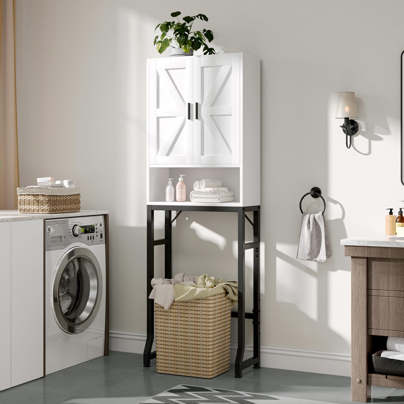USHOWER Stokado Series – Over-the-Toilet Cabinet with Wood Door Freestanding in Laundry, Shown Next to Washer and Vanity