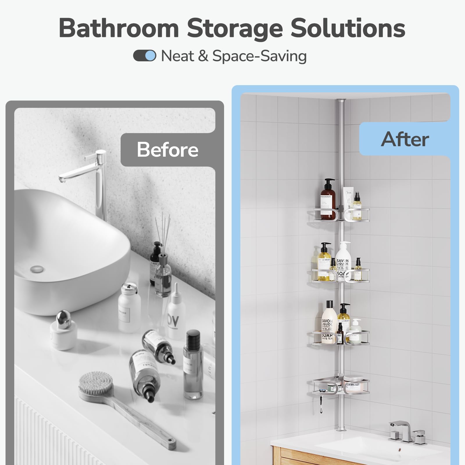 USHOWER Stokado Corner Shower Caddy Tension Pole Matte Silver to Save Space and Declutter Countertops as a Storage Solution