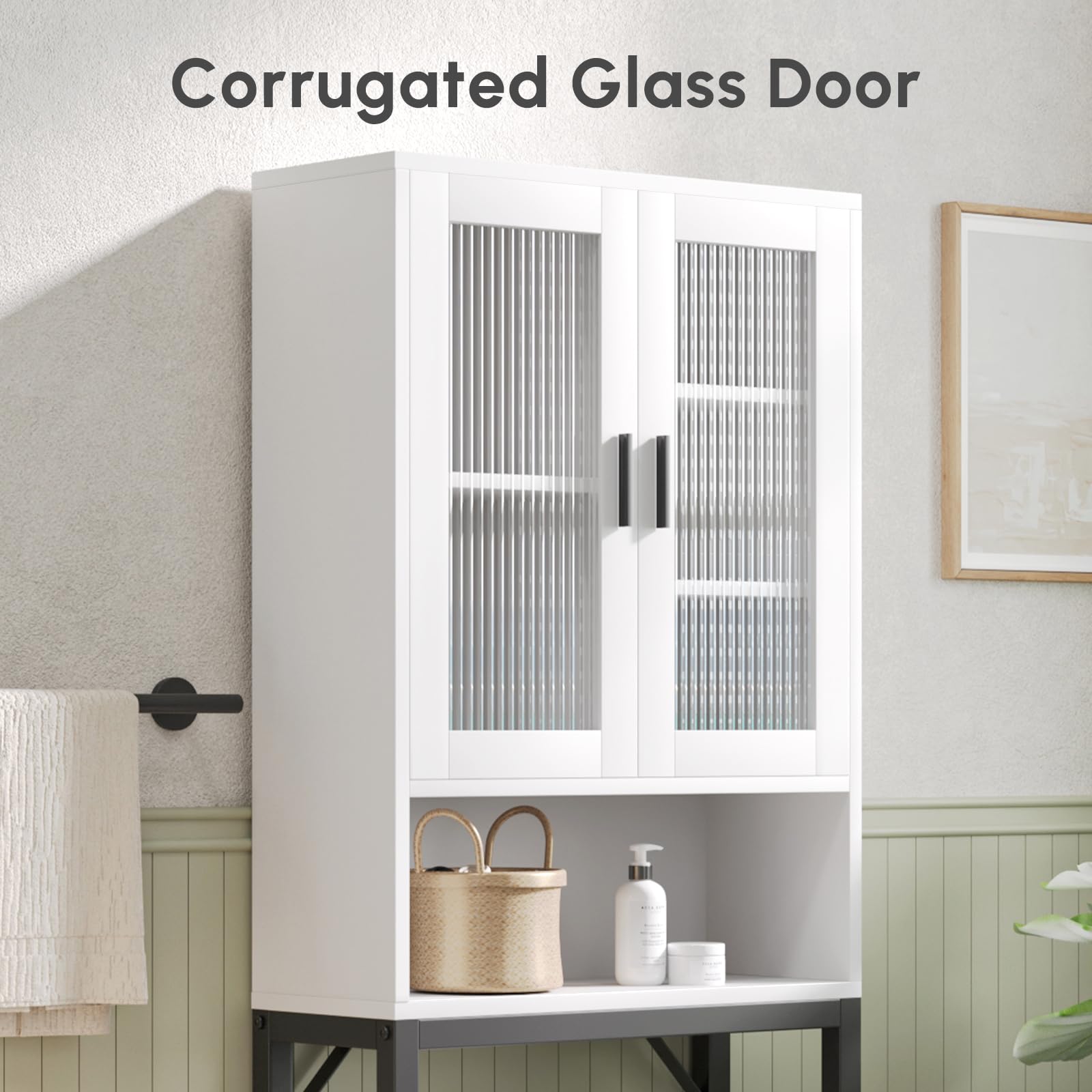 USHOWER Stokado Series – Corrugated Glass Doors Add Light Texture and Modern Style to White Over-Toilet Storage Cabinet