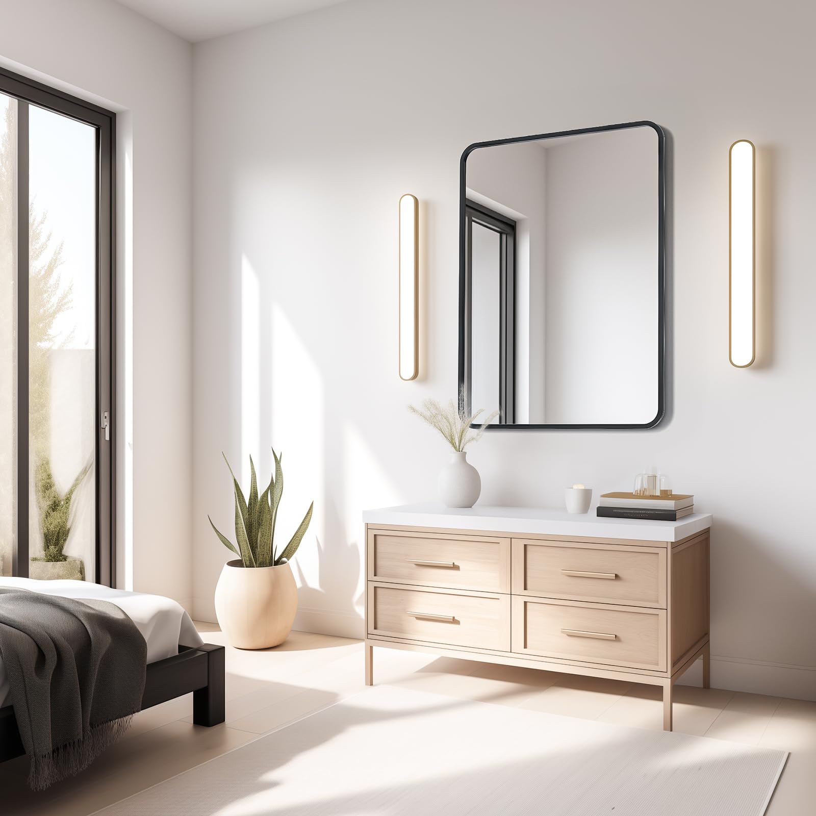 USHOWER Nwar Series 22x30 Black Frame Rectangular Mirror for Bedroom, Mounted Above Dresser on White Wall