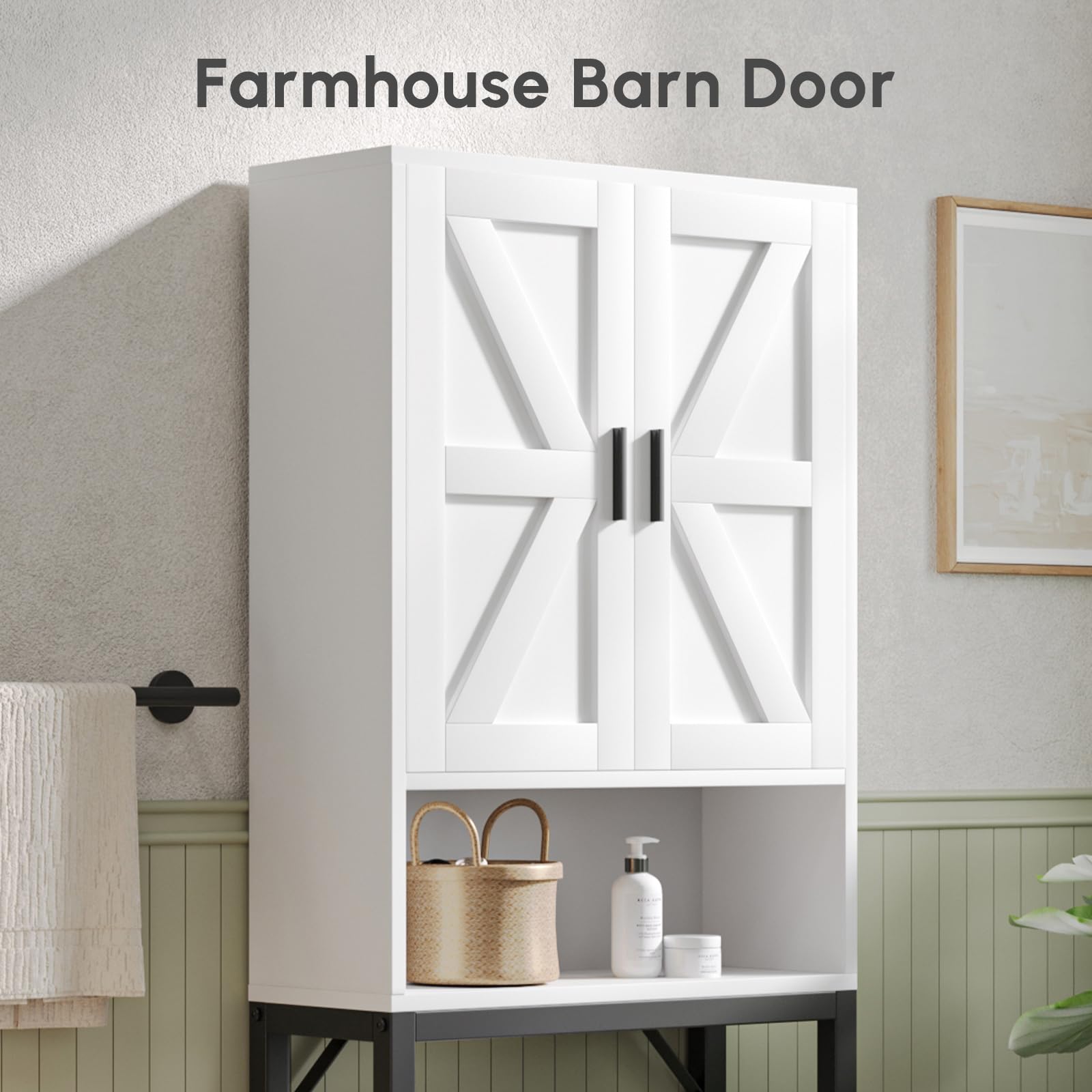 USHOWER Stokado Series – Farmhouse Barn-Style Wood Doors Add Rustic Charm to White Over-Toilet Cabinet